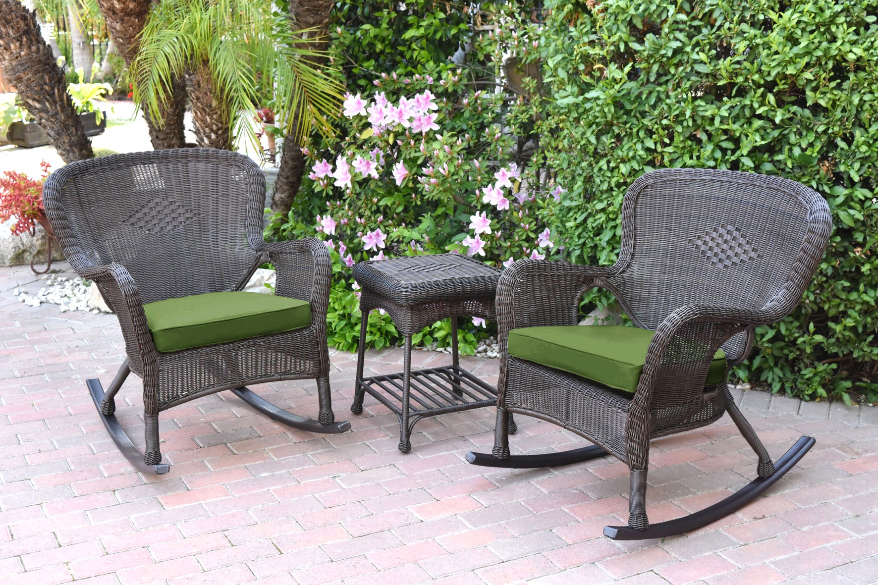 Windsor Espresso Wicker Rocker Chair And End Table Set With Hunter Green Chair Cushion