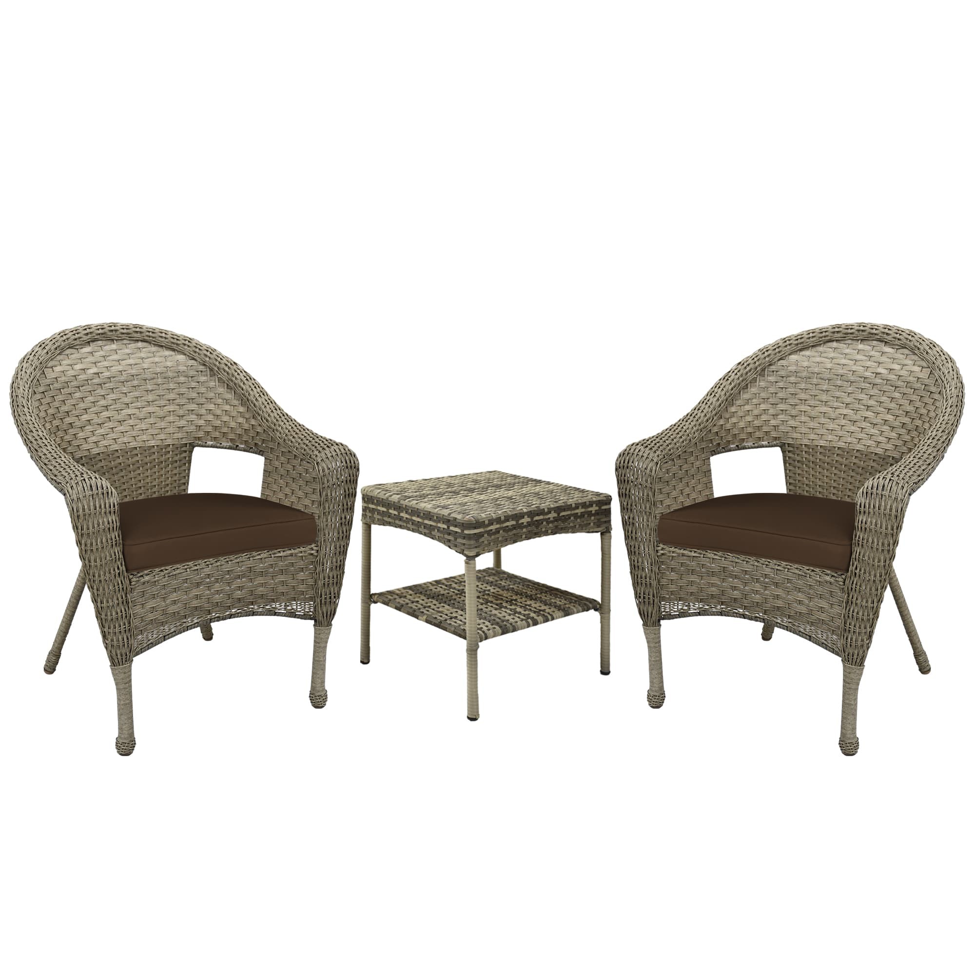 Set of 3 Grey Resin Wicker Clark Single Chair with 2 inch Brown Cushion and End Table