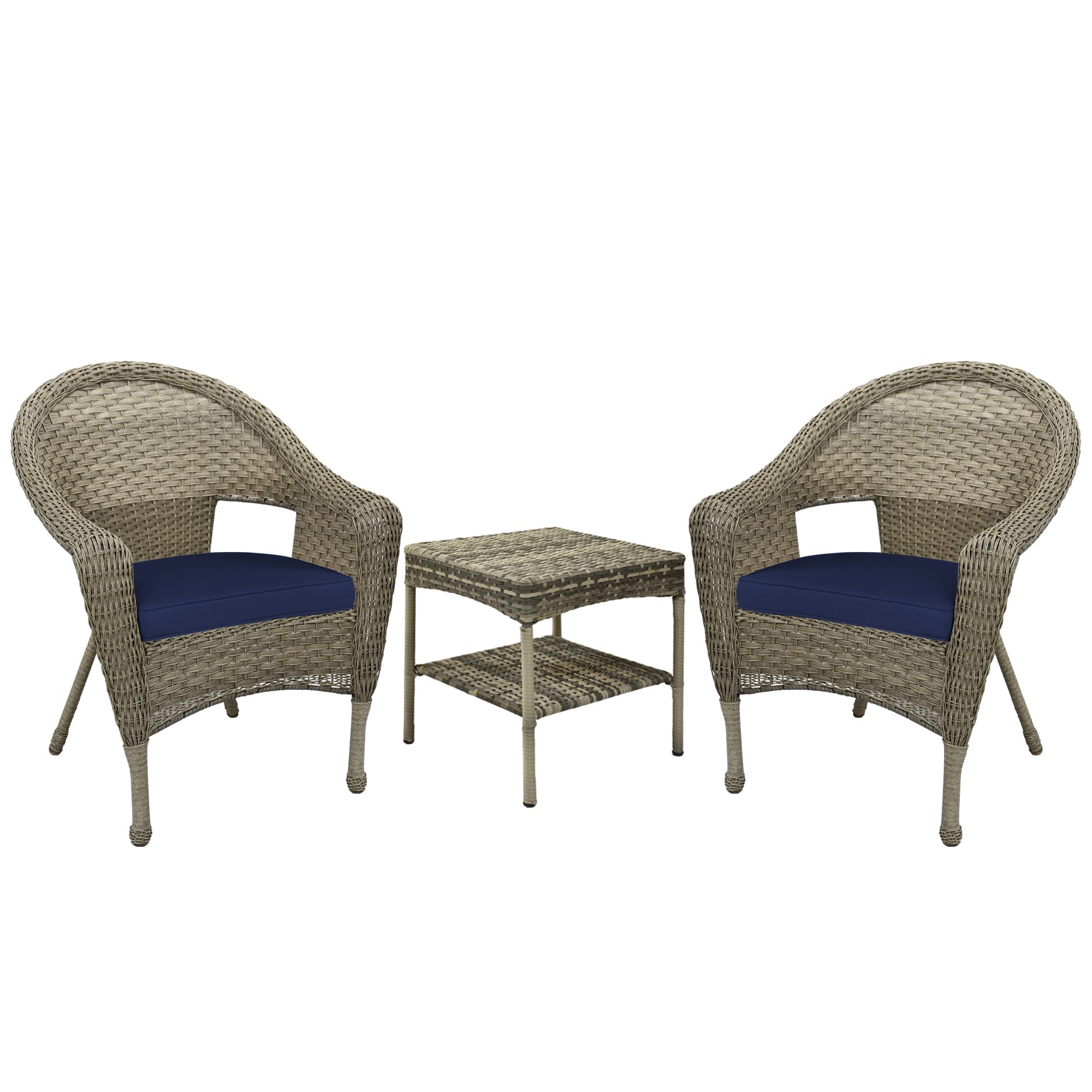 Set of 3 Resin Wicker Clark Single Chair with 2 inch Midnight Blue Cushion and End Table