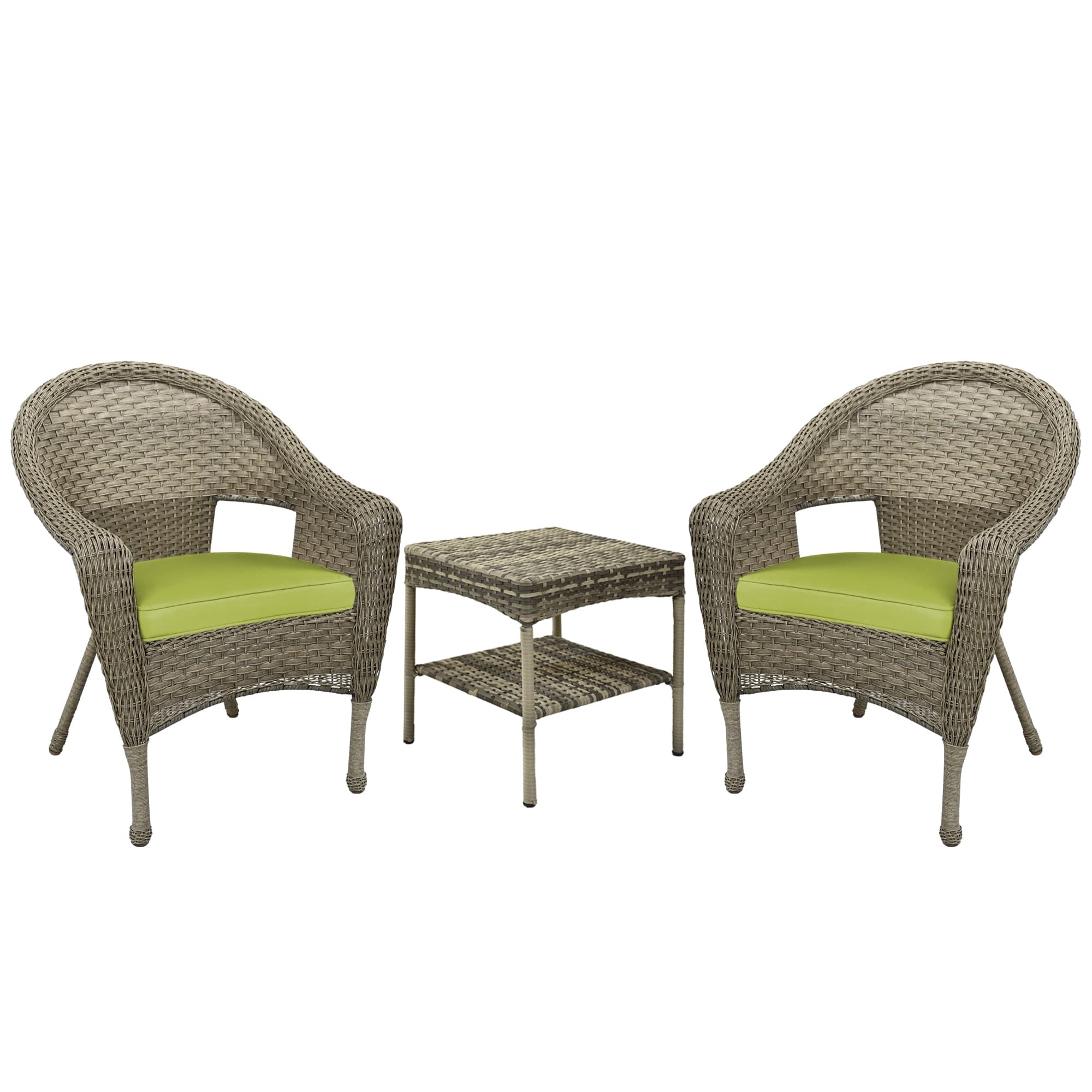 Set of 3 Grey Resin Wicker Clark Single Chair with 2 inch Sage Green Cushion and End Table