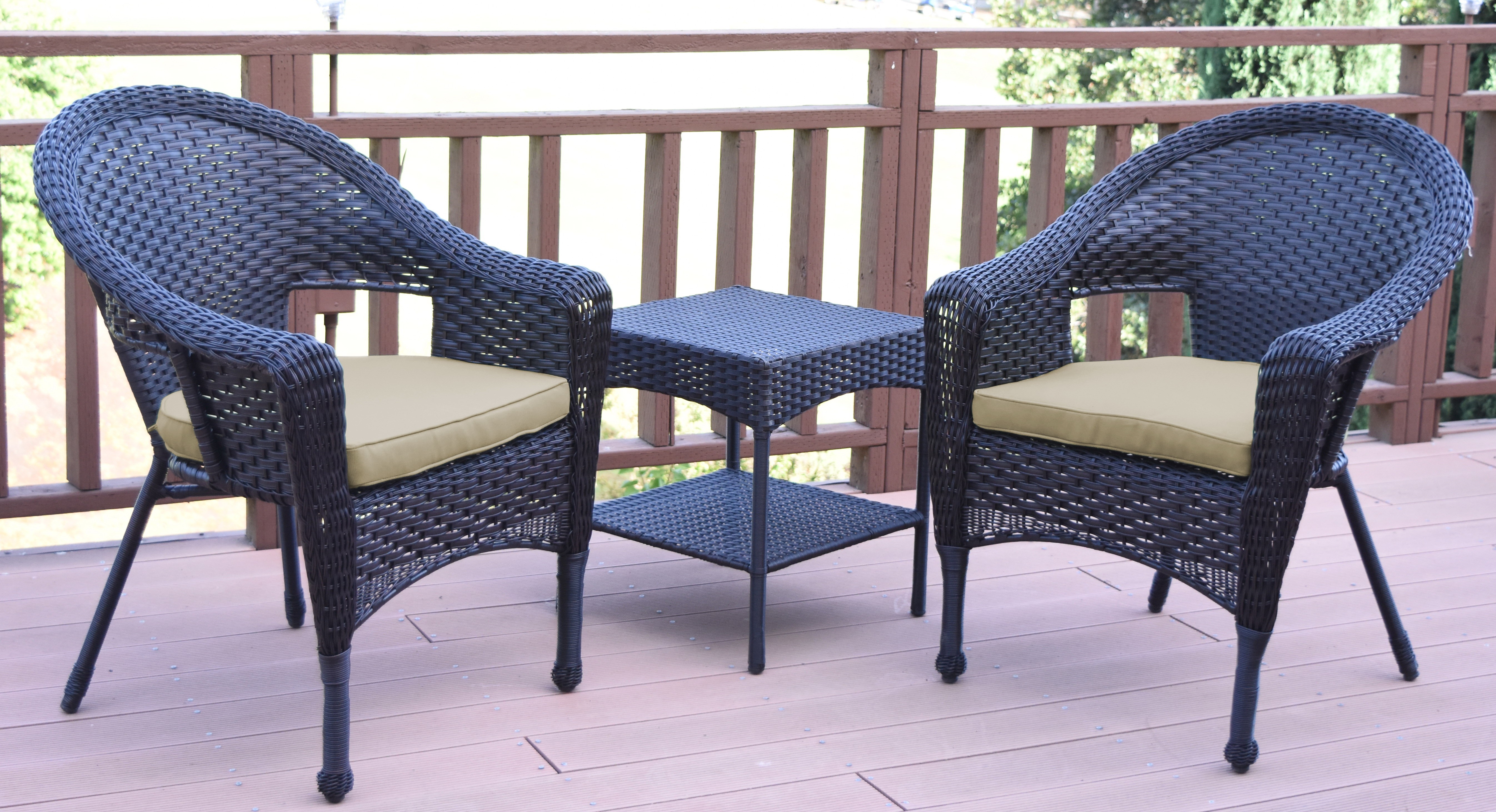Set of 3 Espresso Resin Wicker Clark Single Chair with 2 inch Tan Cushion and End Table