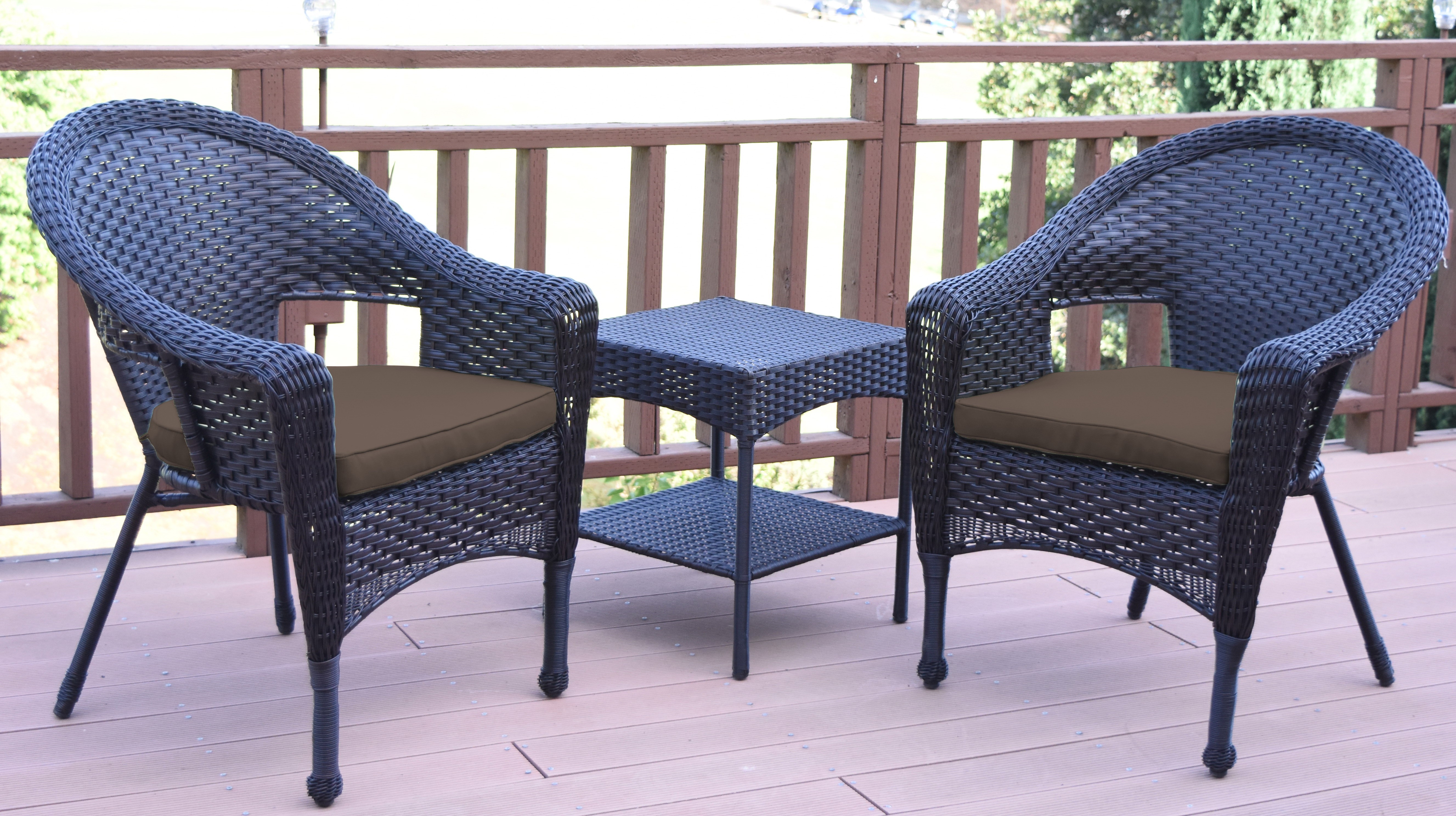 Set of 3 Espresso Resin Wicker Clark Single Chair with 2 inch Brown Cushion and End Table