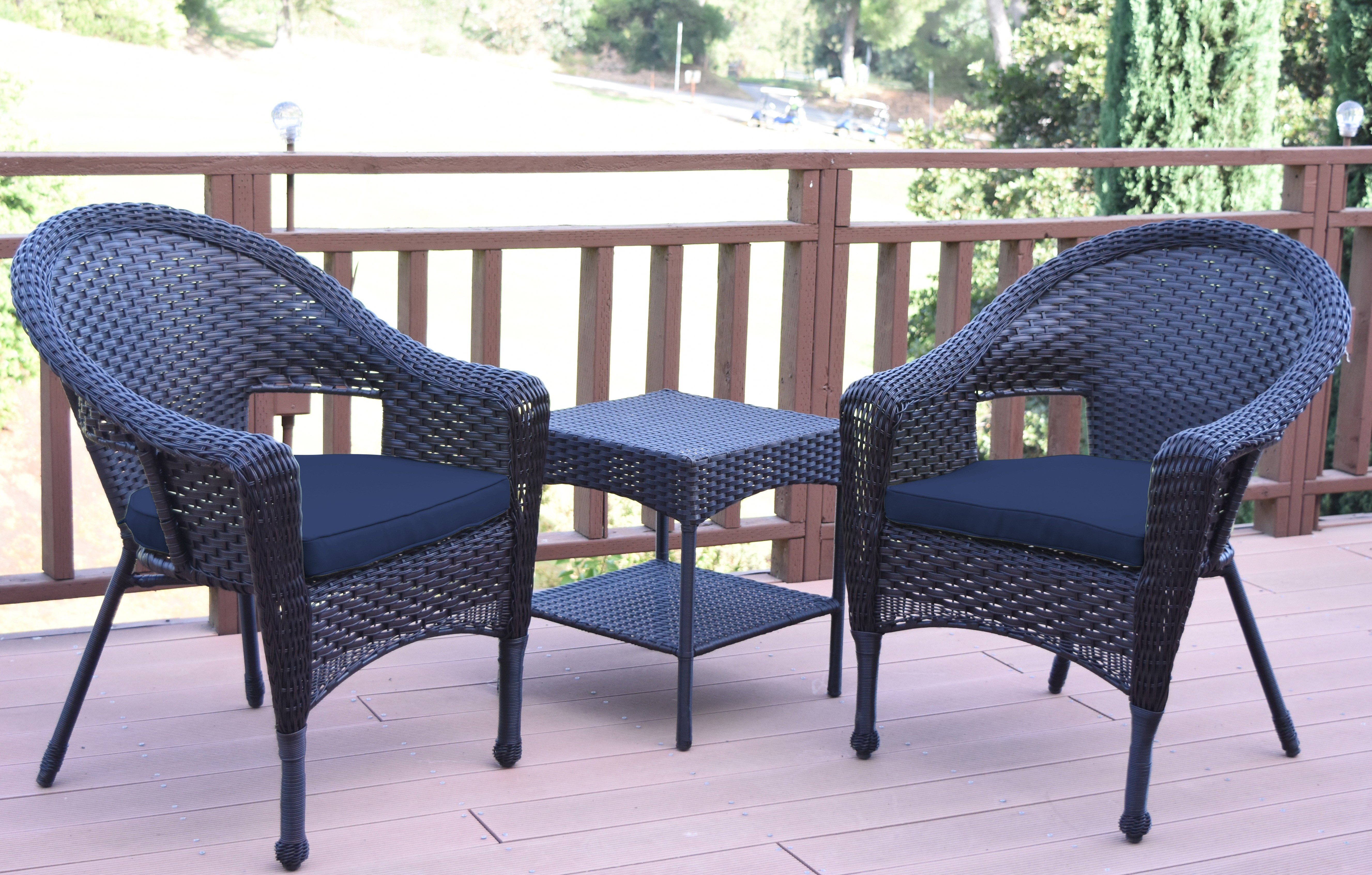 Set of 3 Espresso Resin Wicker Clark Single Chair with 2 inch Midnight Blue Cushion and End Table