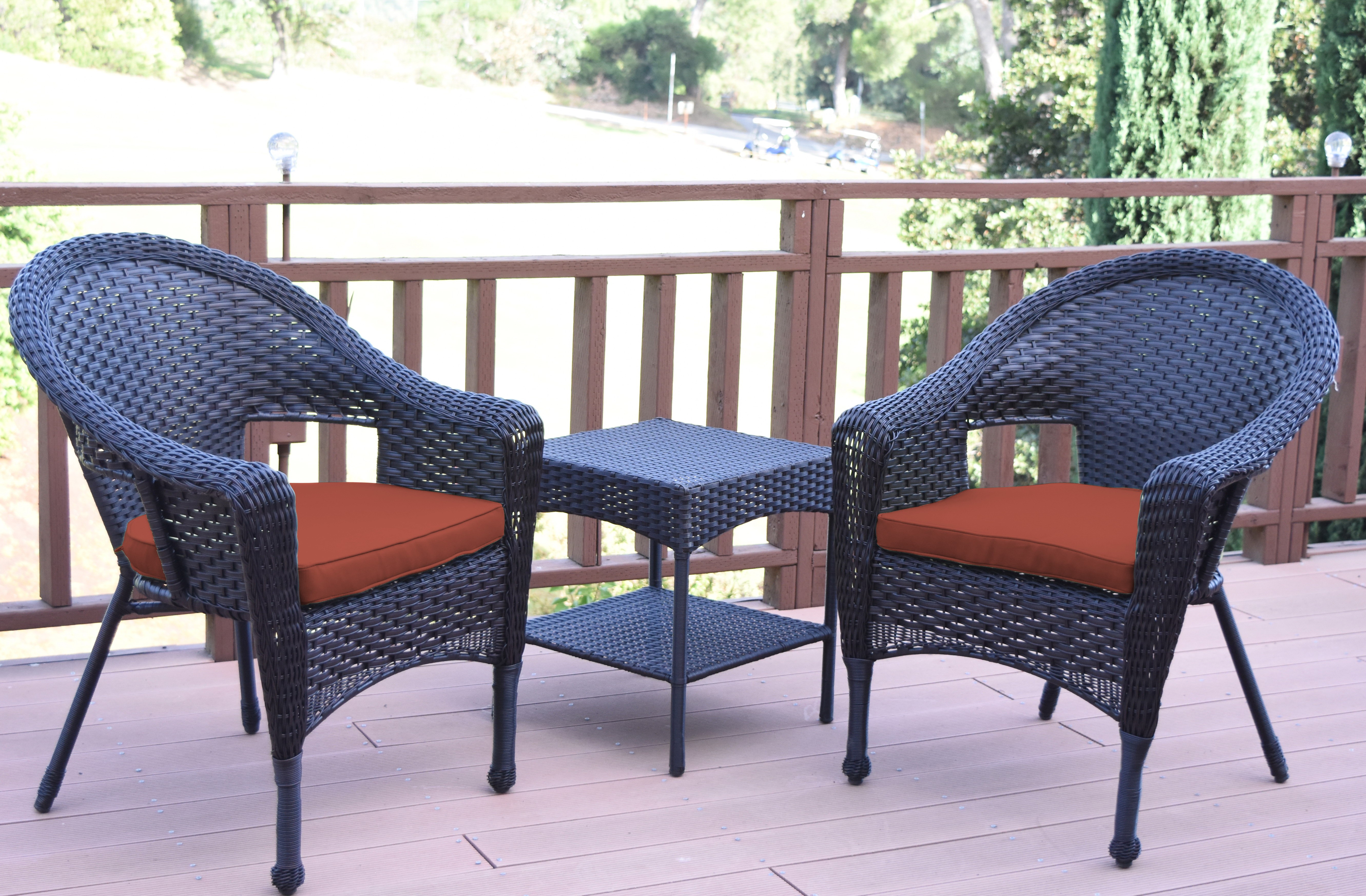 Set of 3 Espresso Resin Wicker Clark Single Chair with 2 inch Brick Red Cushion and End Table