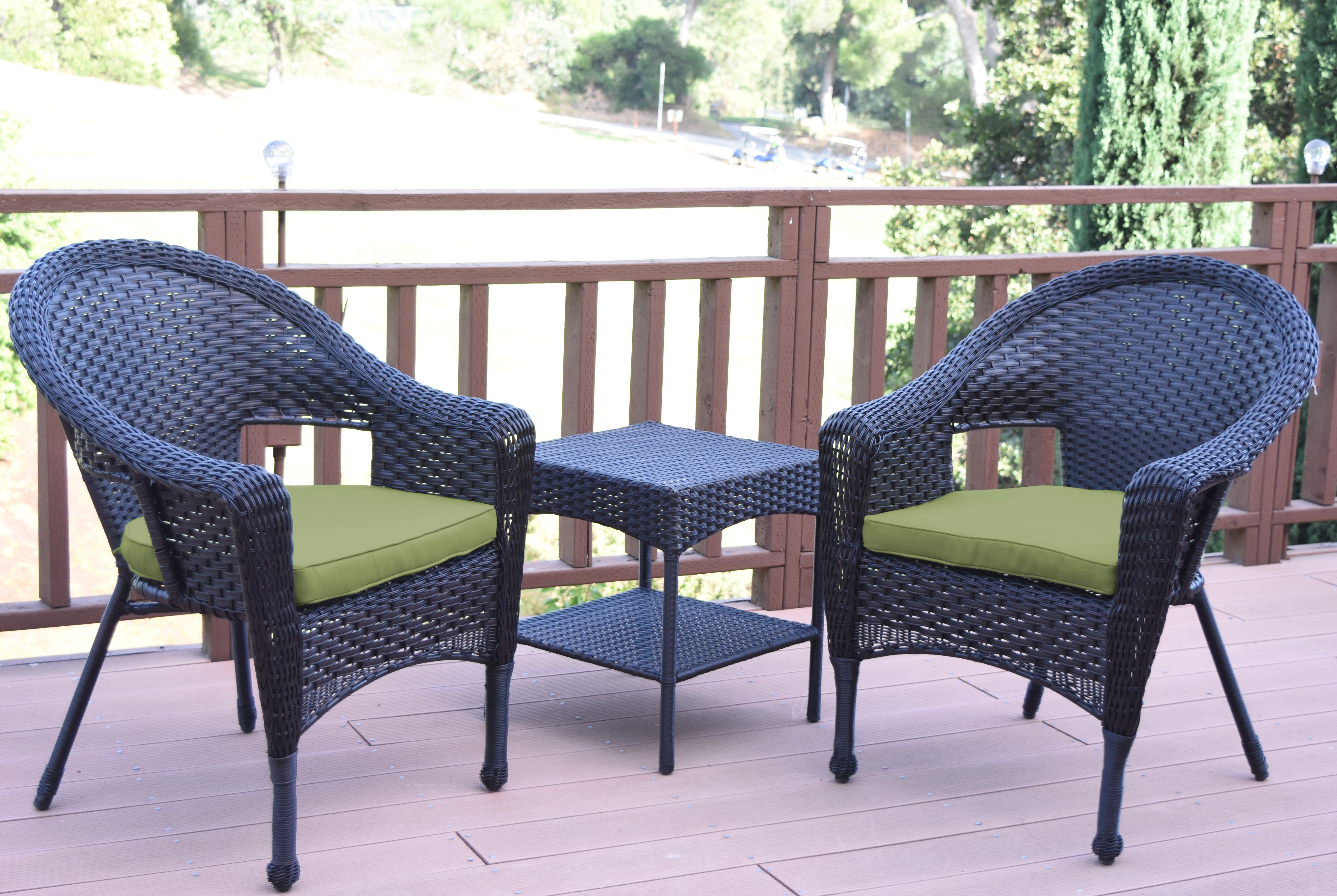 Set of 3 Espresso Resin Wicker Clark Single Chair with 2 inch Sage Green Cushion and End Table