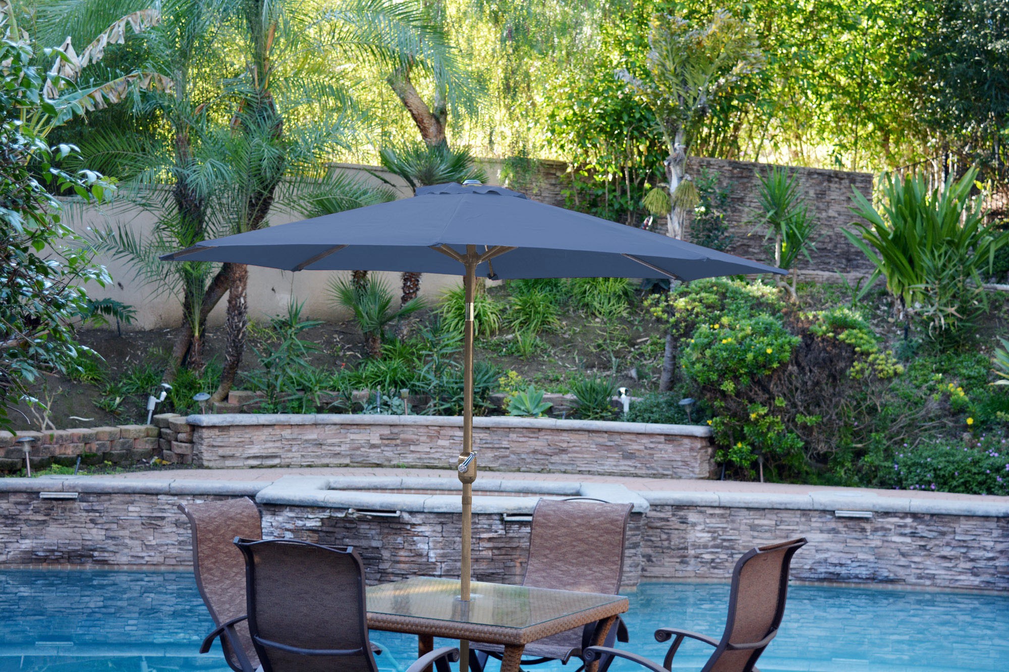 9ft. Aluminum Patio Market Umbrella Tilt with Crank - Blue Fabric/Bronze Pole