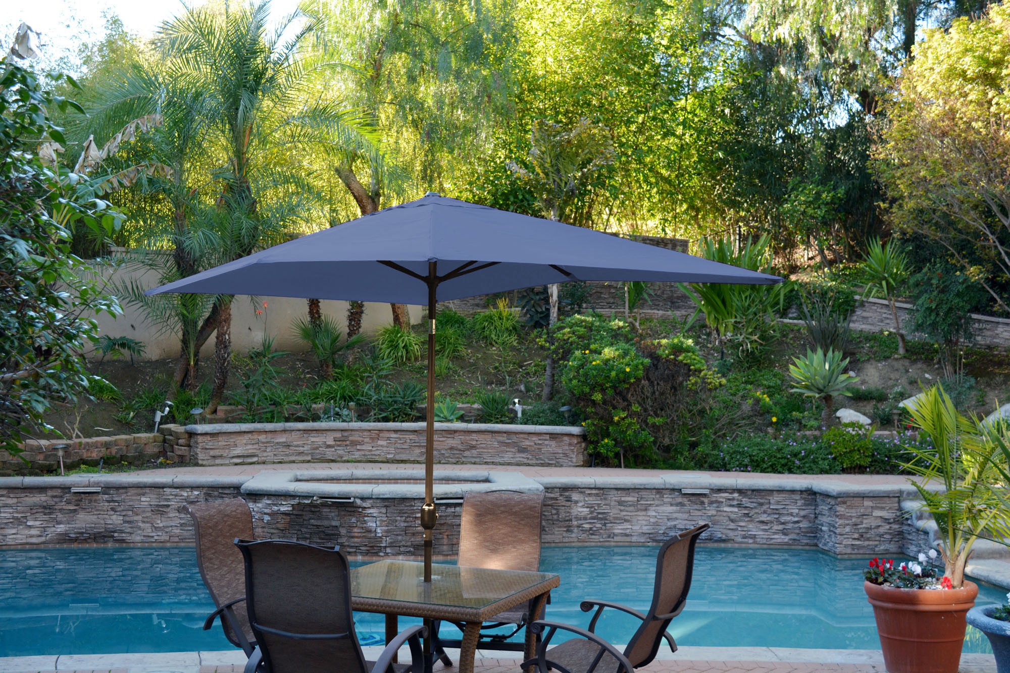 6.5FT x 10FT Aluminum Patio Market Umbrella Tilt with Crank - Blue Fabric/Champagne  Pole
