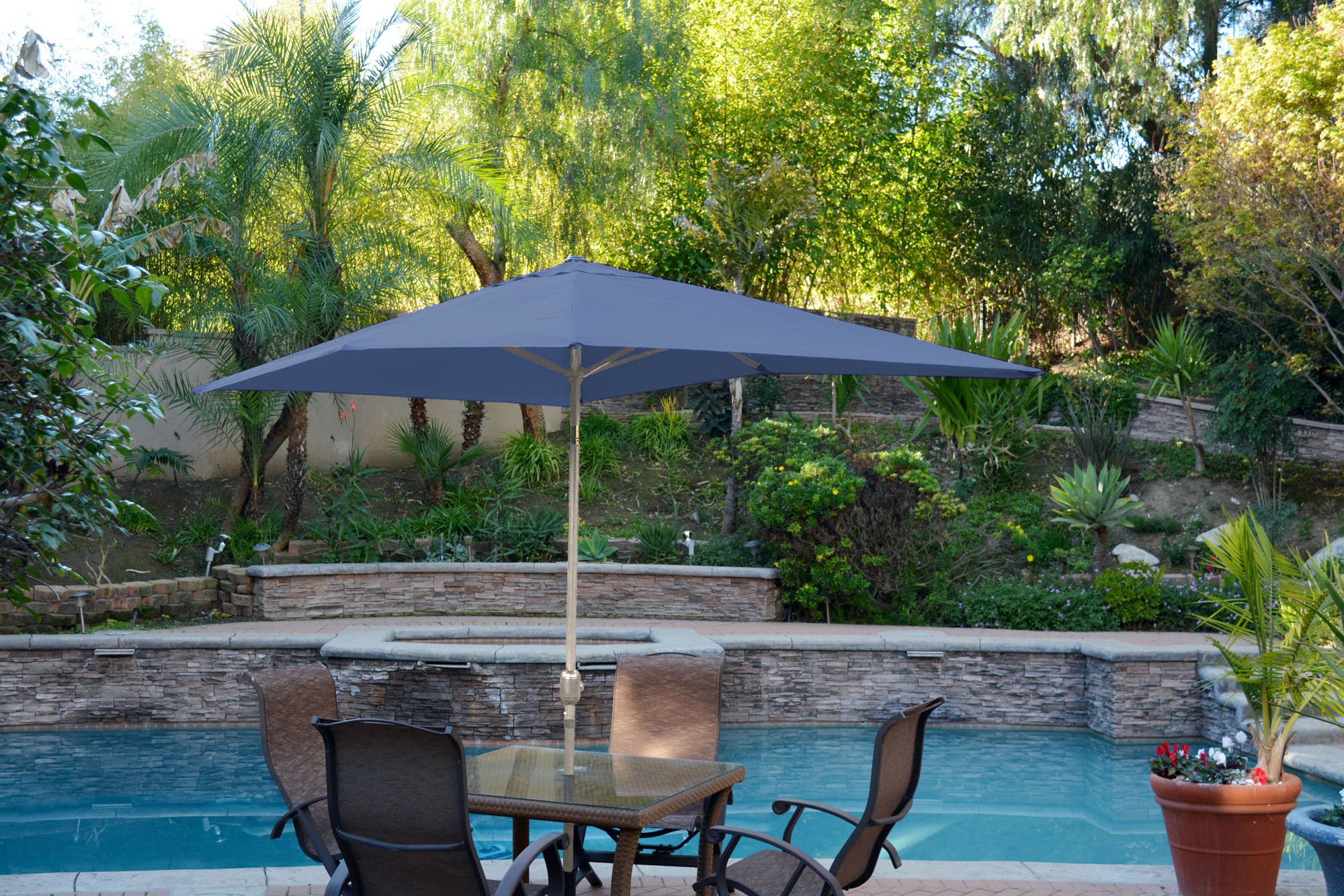 6.5FT x 10FT Aluminum Patio Market Umbrella Tilt with Crank - Blue Fabric/Grey Pole