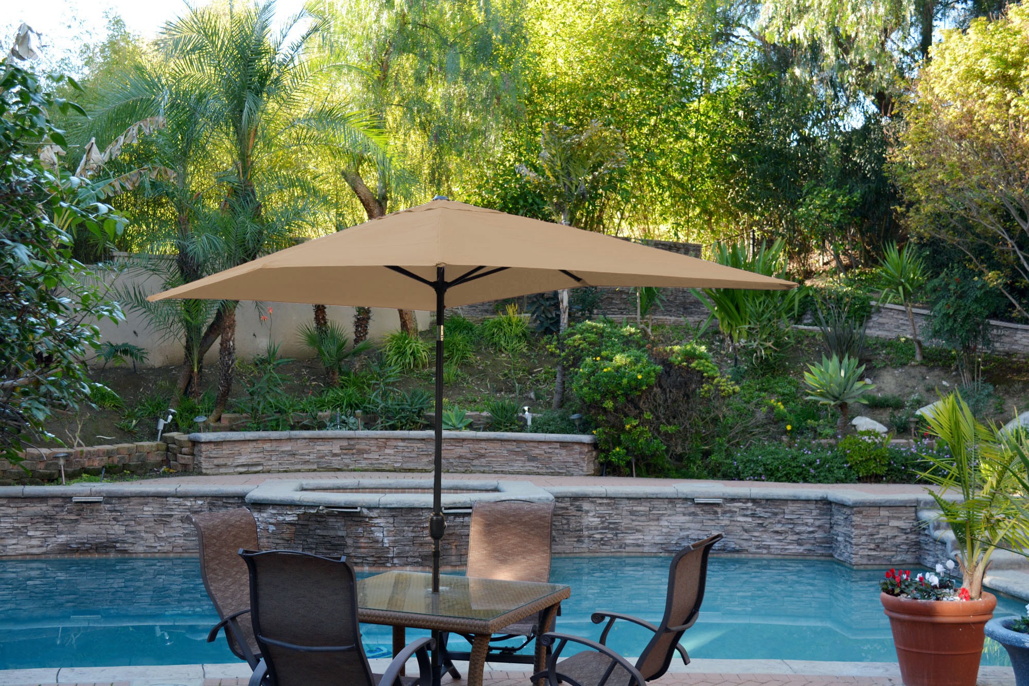 6.5FT x 10FT Aluminum Patio Market Umbrella Tilt with Crank - Brown Fabric/Black Pole