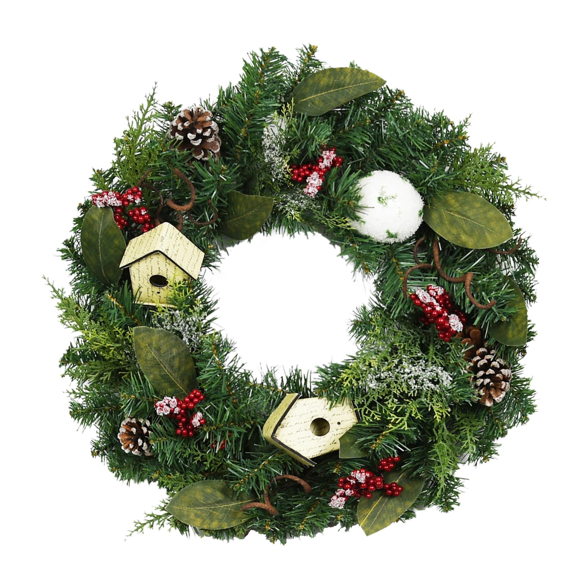 24 inch Christmas Wreath with Birdhouses and Red Berries