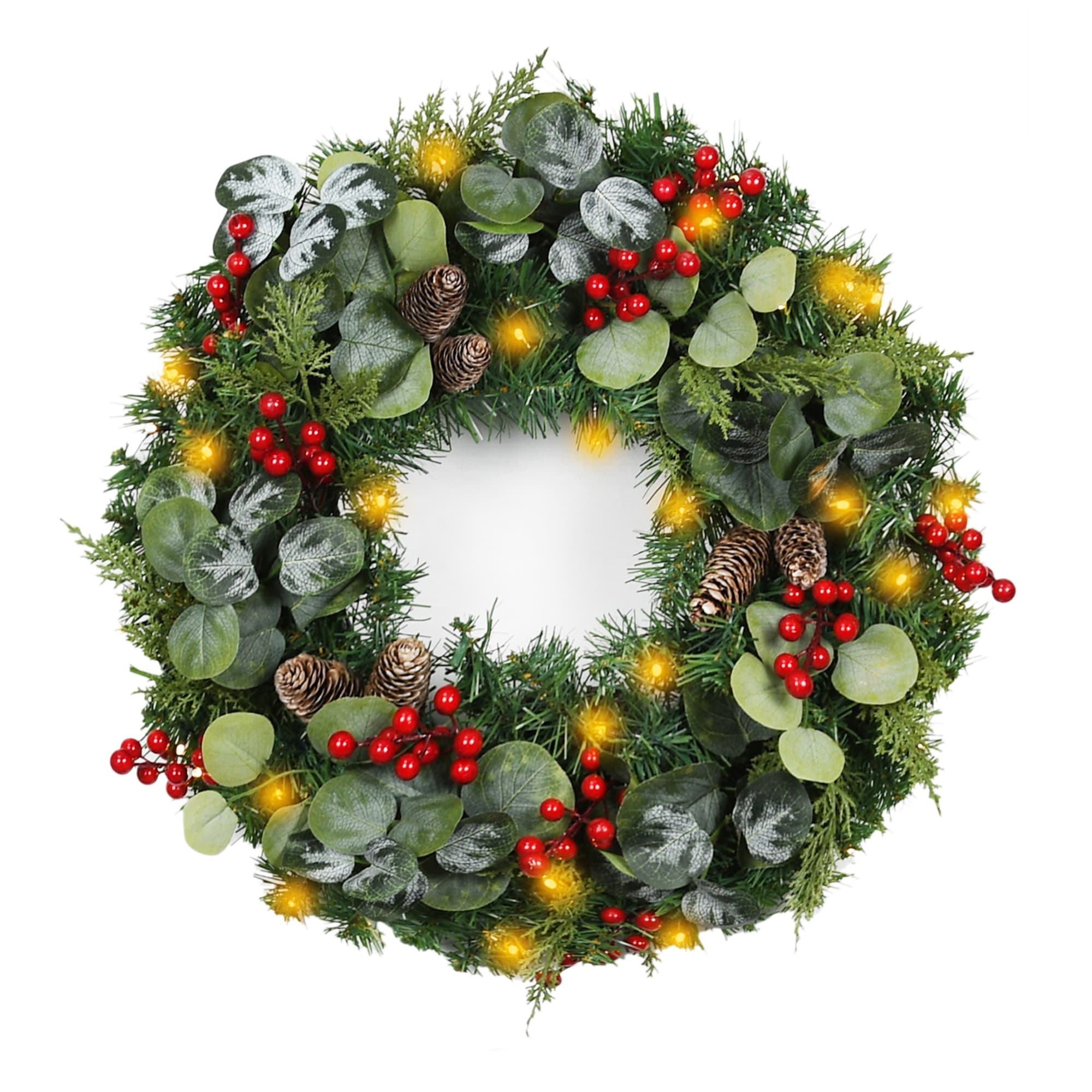 24 inch Eucalytpus Christmas Wreath with Red Berries and Lights