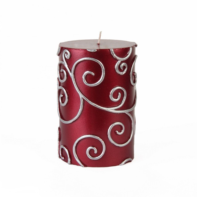 3 x 4 Inch Red Scroll Pillar Candle (12pcs/Case) Bulk