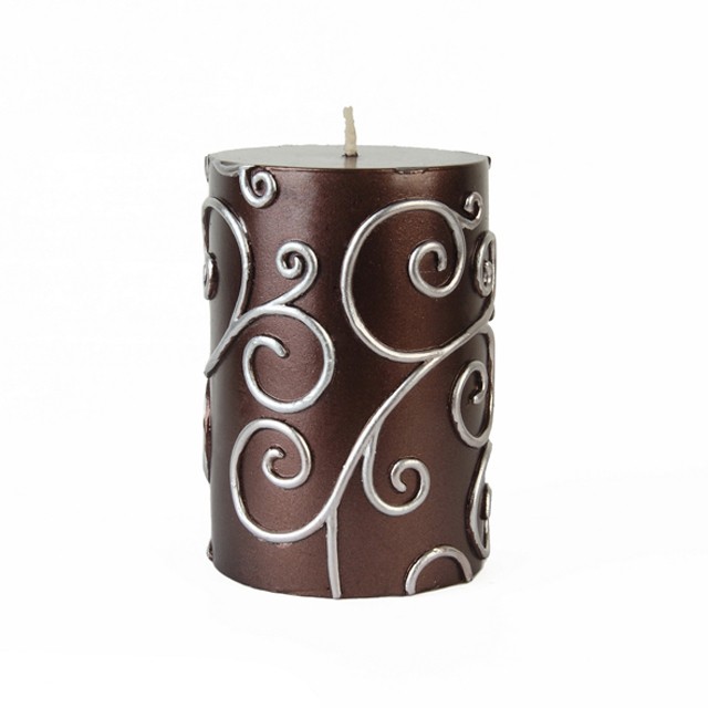 3 x 4 Inch Brown Scroll Pillar Candle (12pcs/Case) Bulk