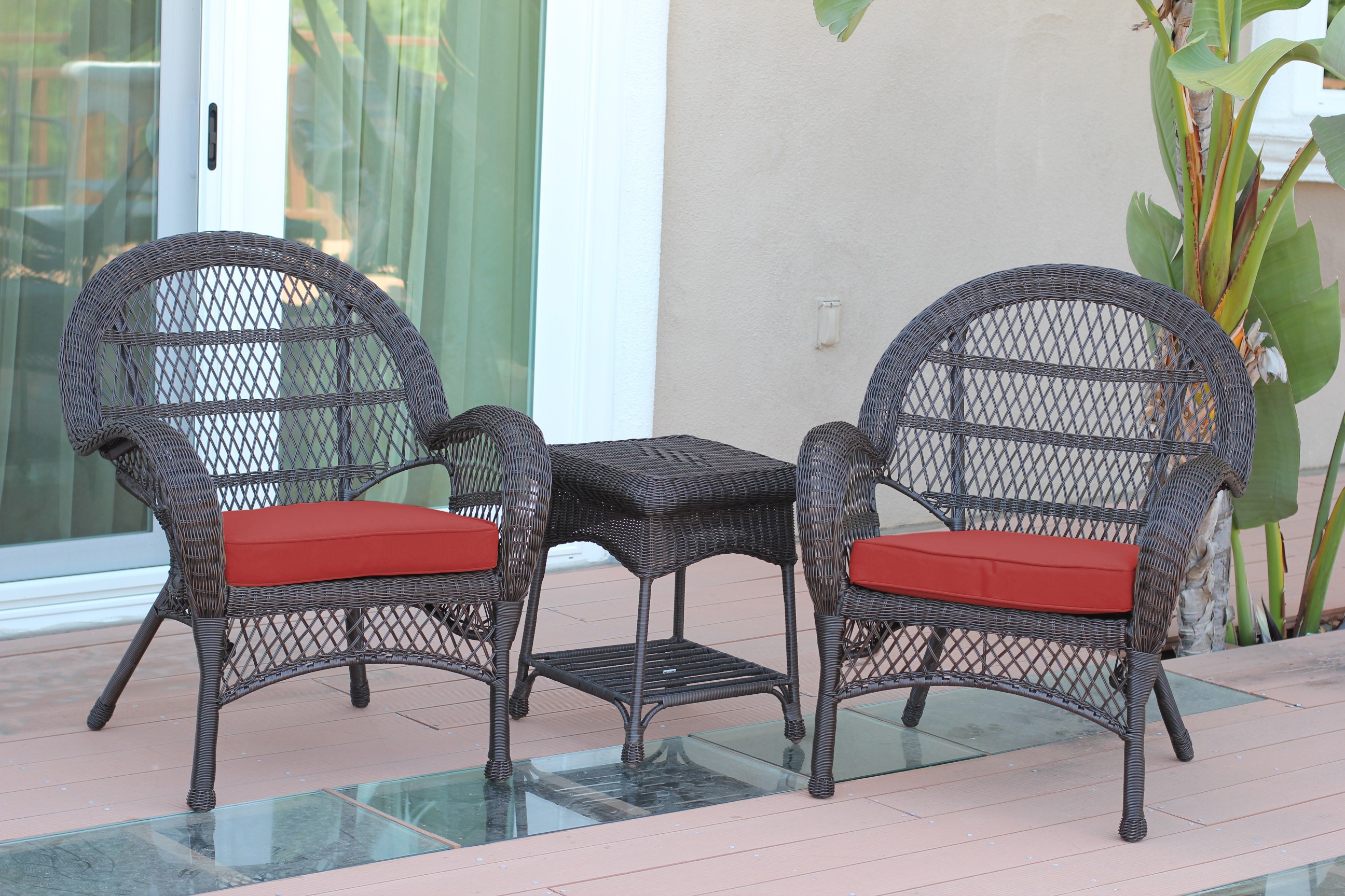 3pc Santa Maria Espresso Wicker Chair Set - Brick Red Cushions