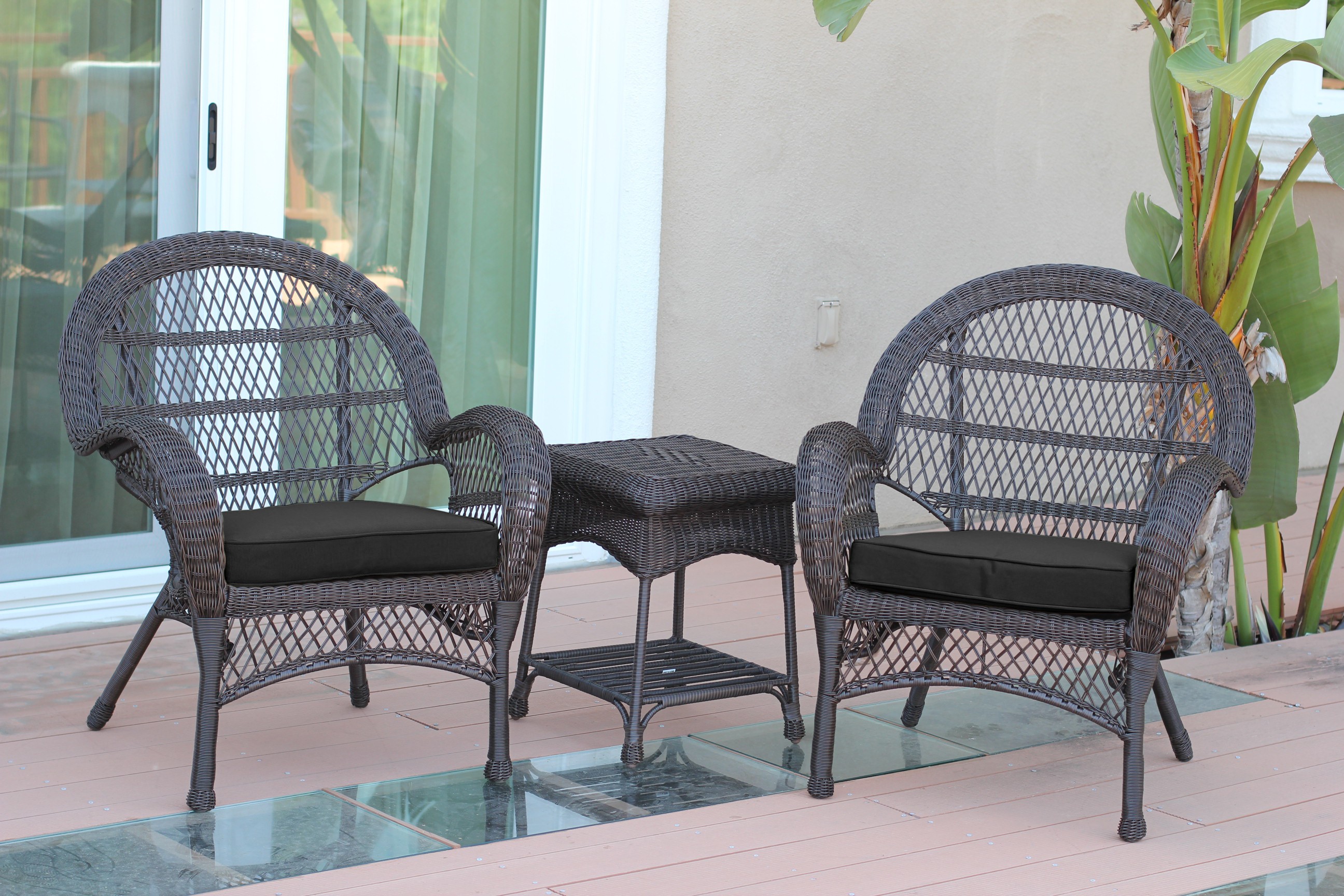 3pc Santa Maria Espresso Wicker Chair Set- Black Cushions