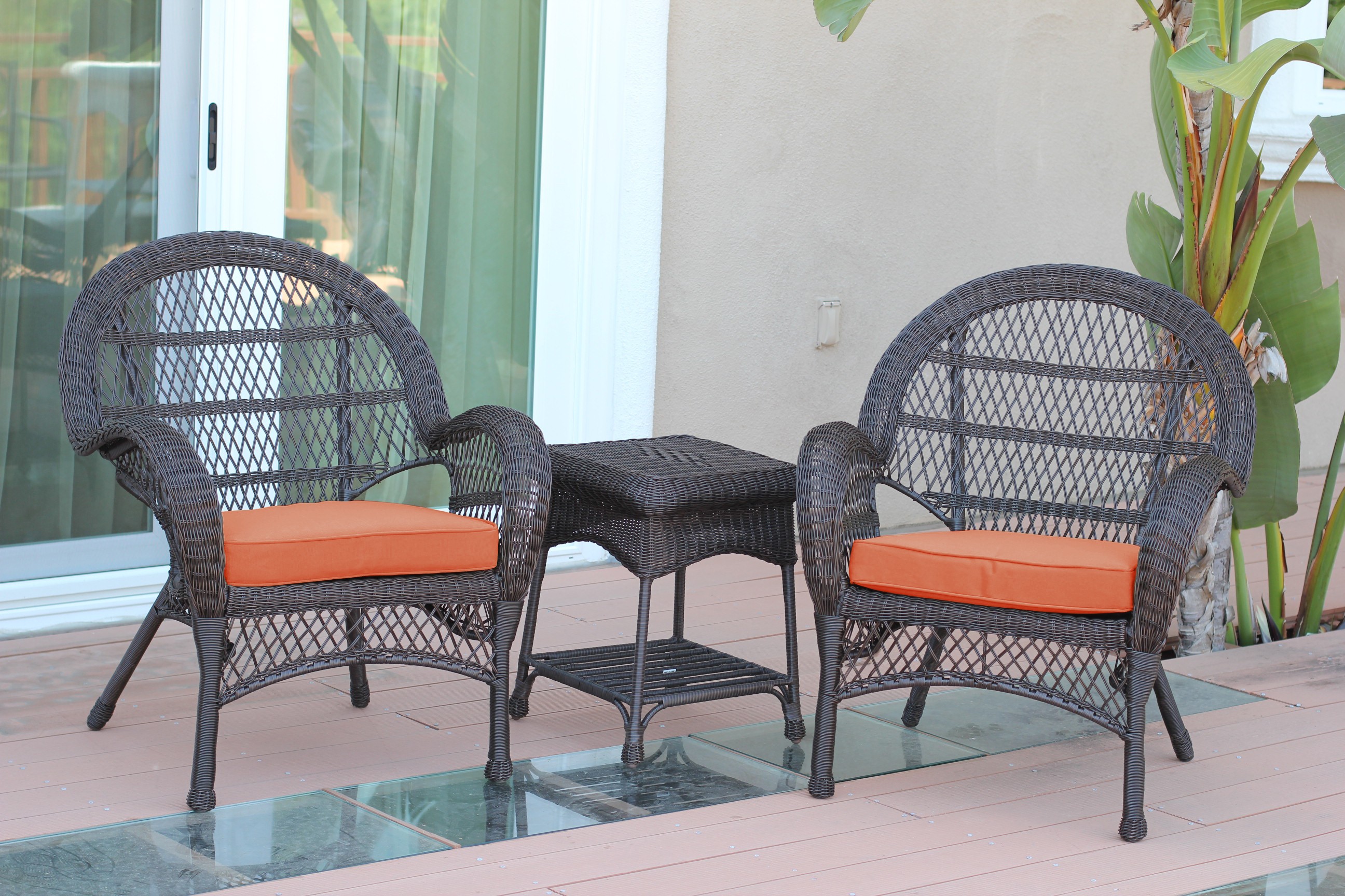 3pc Santa Maria Espresso Wicker Chair Set - Orange Cushions