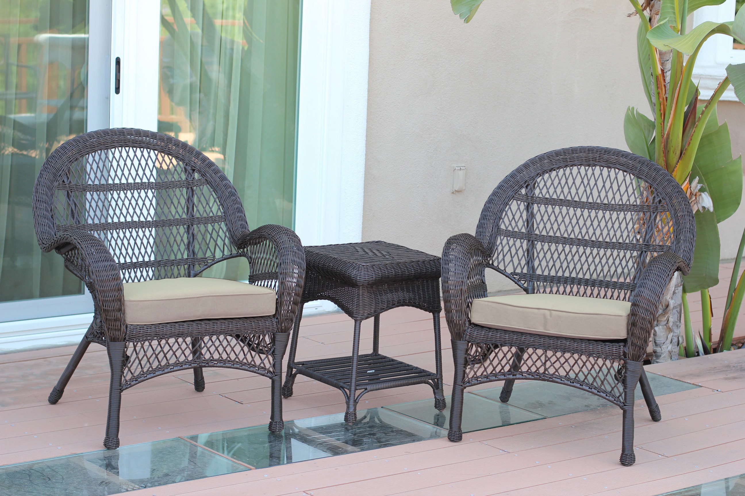 3pc Santa Maria Espresso Wicker Chair Set - Tan Cushions