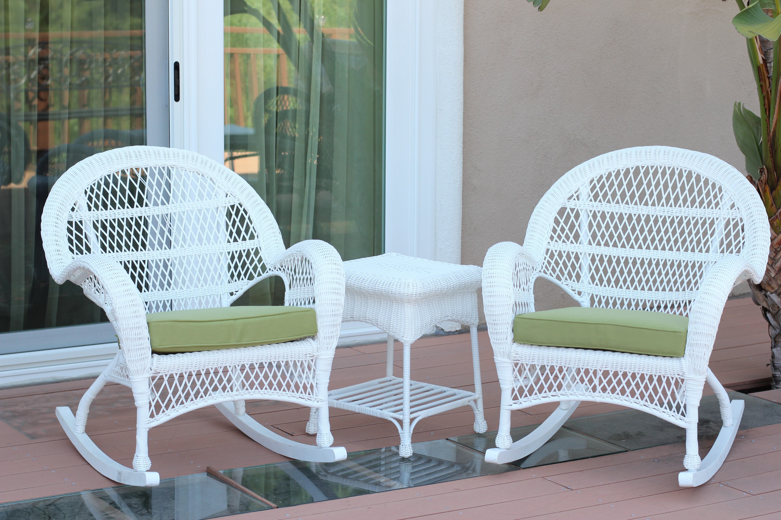 3pc Santa Maria White Rocker Wicker Chair Set - Sage Green Cushions
