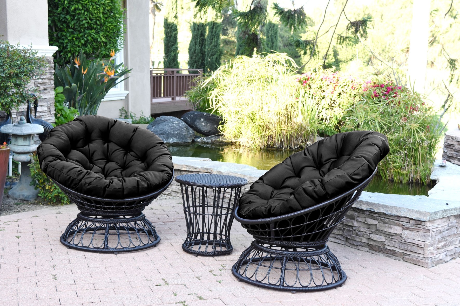 Papasan Espresso Wicker Swivel Chair and Table Set with Black Cushions