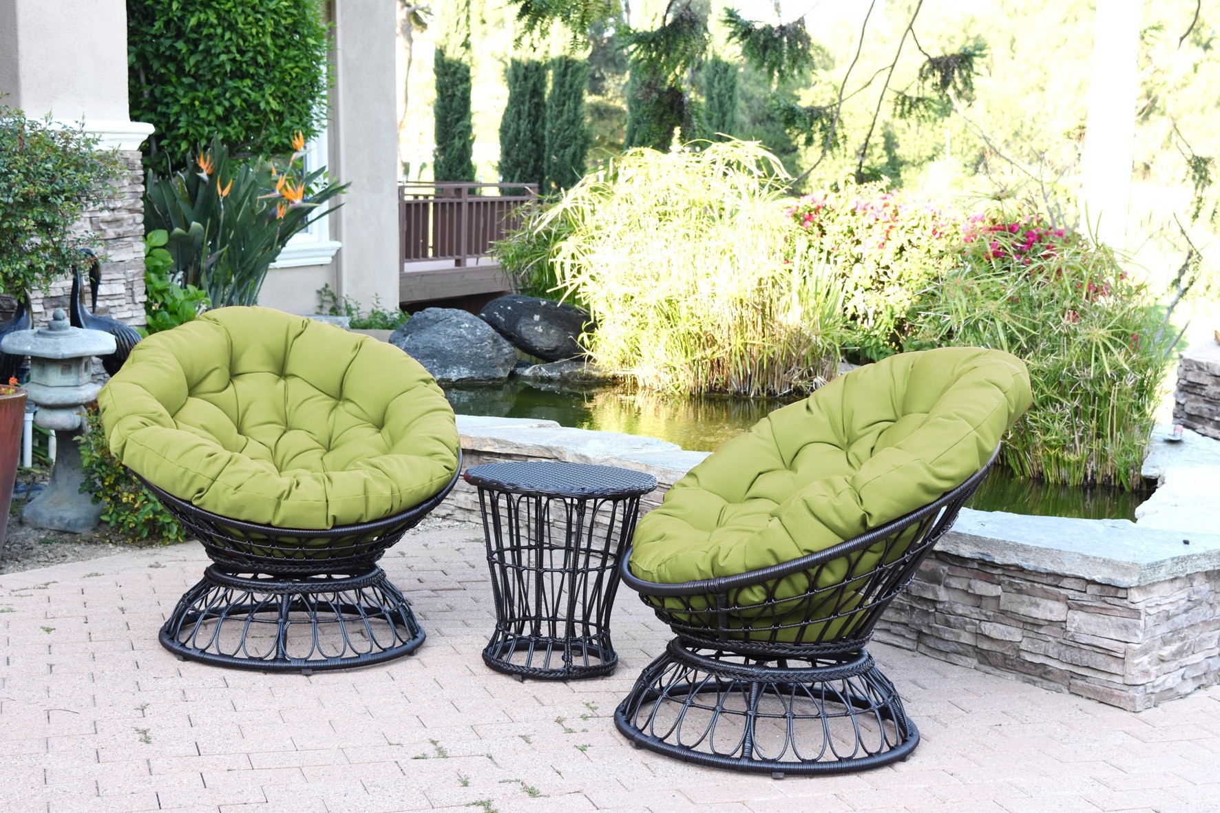 Papasan Espresso Wicker Swivel Chair and Table Set with Sage Green Cushions