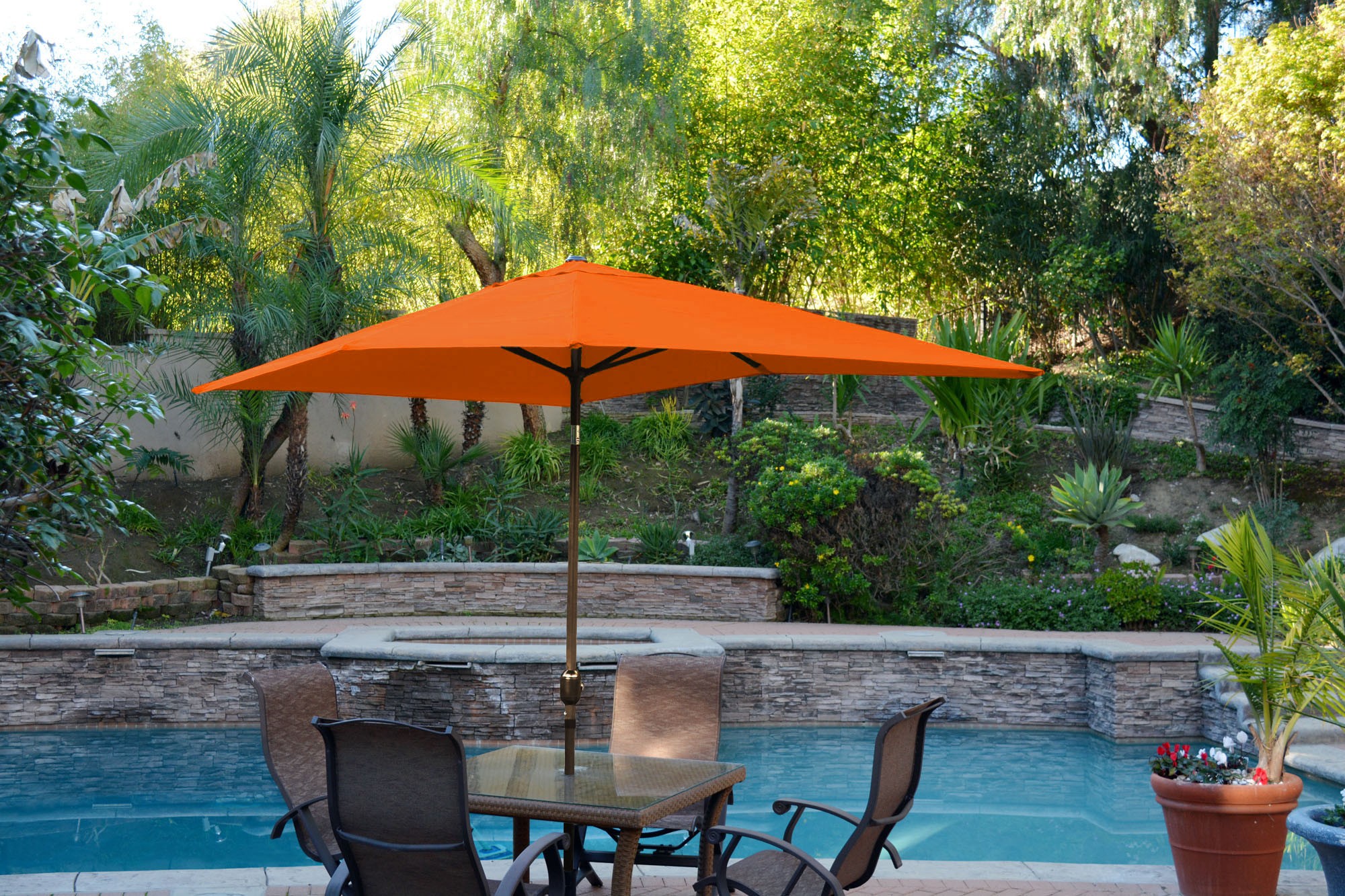 6.5FT x 10FT Aluminum Patio Market Umbrella Tilt with Crank - Orange Fabric/Champagne  Pole