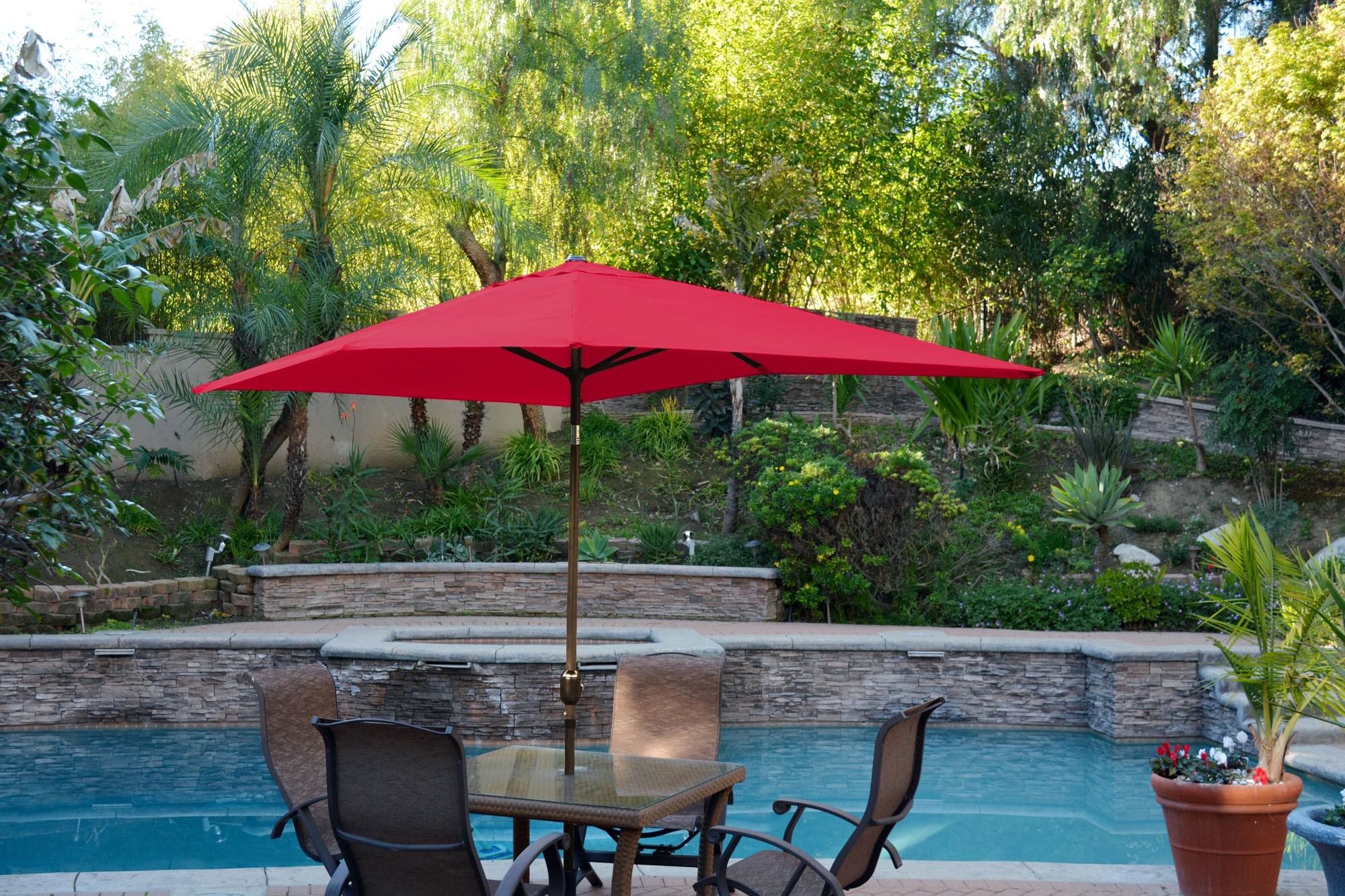 6.5FT x 10FT Aluminum Patio Market Umbrella Tilt with Crank - Red Fabric/Champagne  Pole