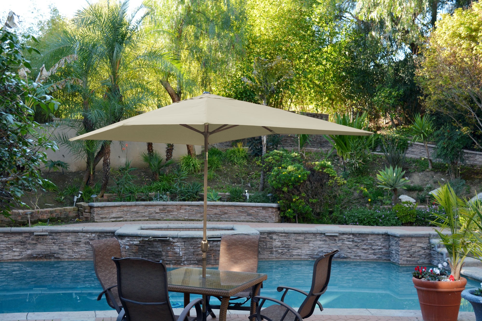 6.5FT x 10FT Aluminum Patio Market Umbrella Tilt with Crank - Tan Fabric/Bronze Pole