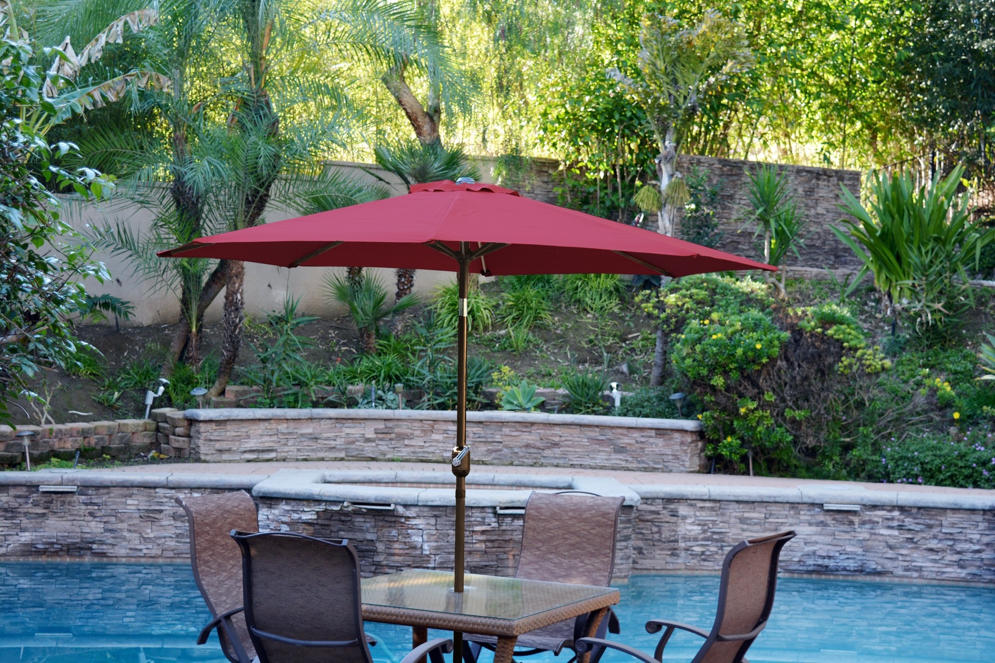 9ft. Aluminum Patio Market Umbrella Tilt with Crank - Burgundy Fabric/Champagne Pole