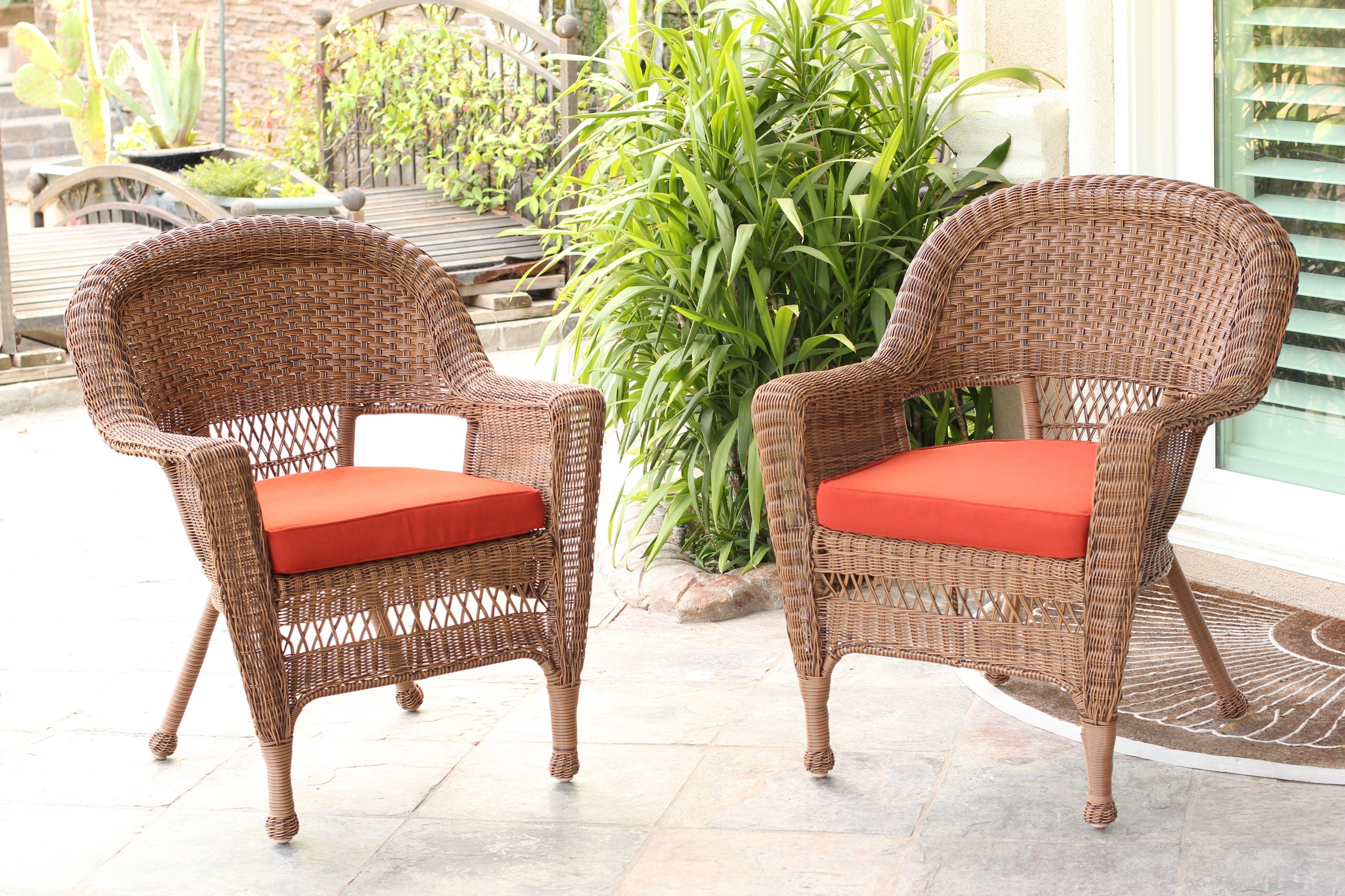 Honey Wicker Chair With Brick Red Cushion - Set of 4