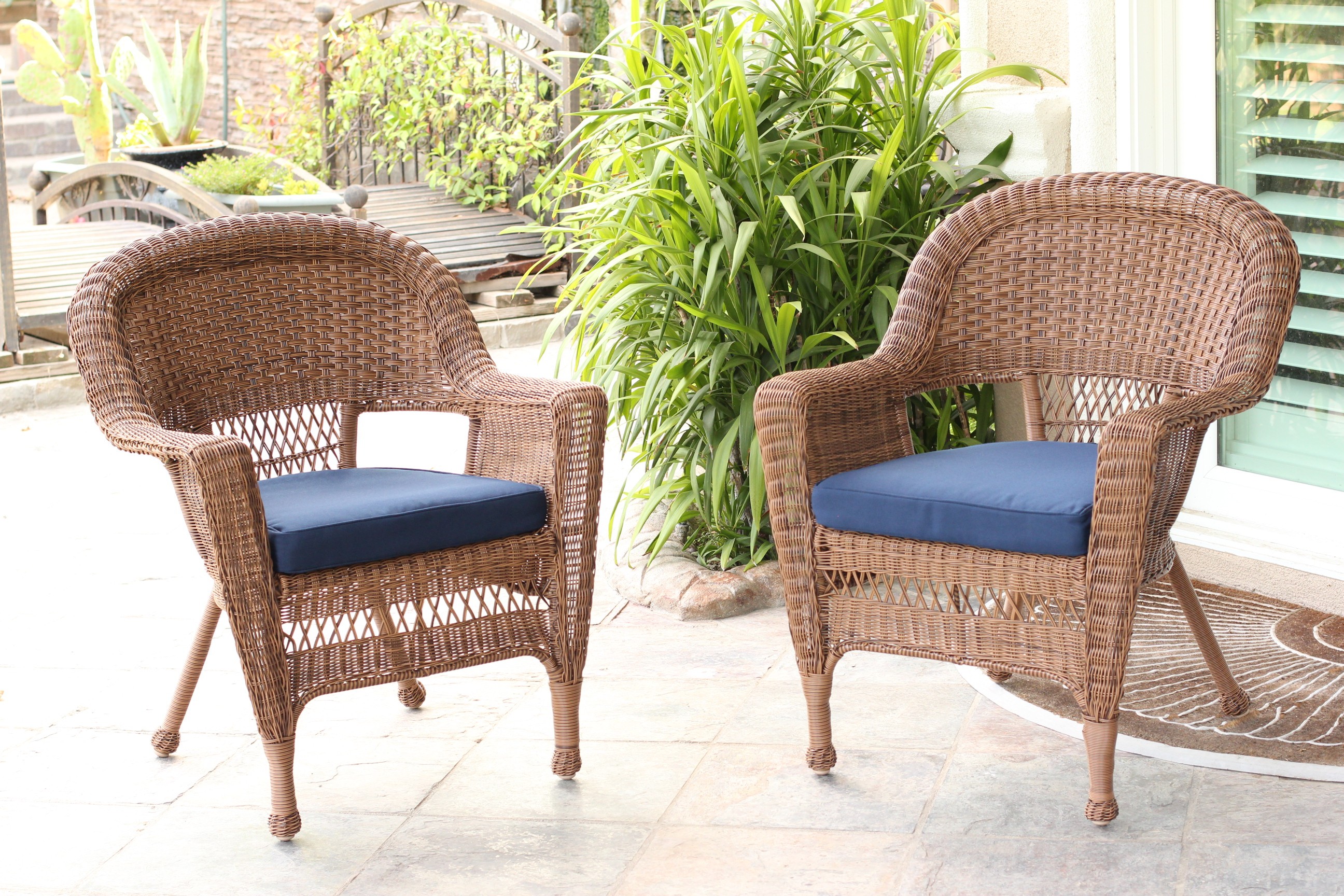 Honey Wicker Chair With Midnight Blue Cushion - Set of 4