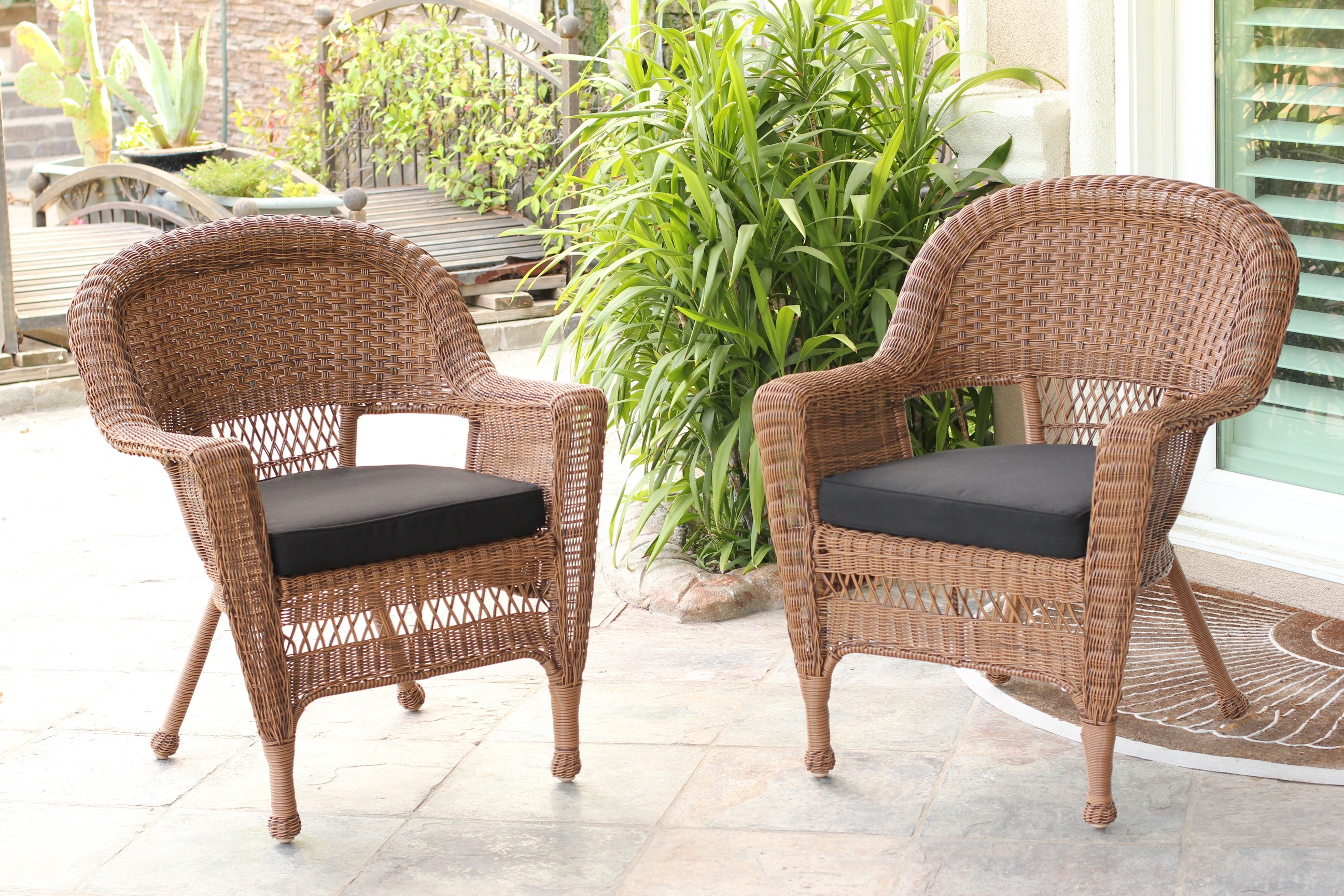 Honey Wicker Chair With Black Cushion - Set of 4