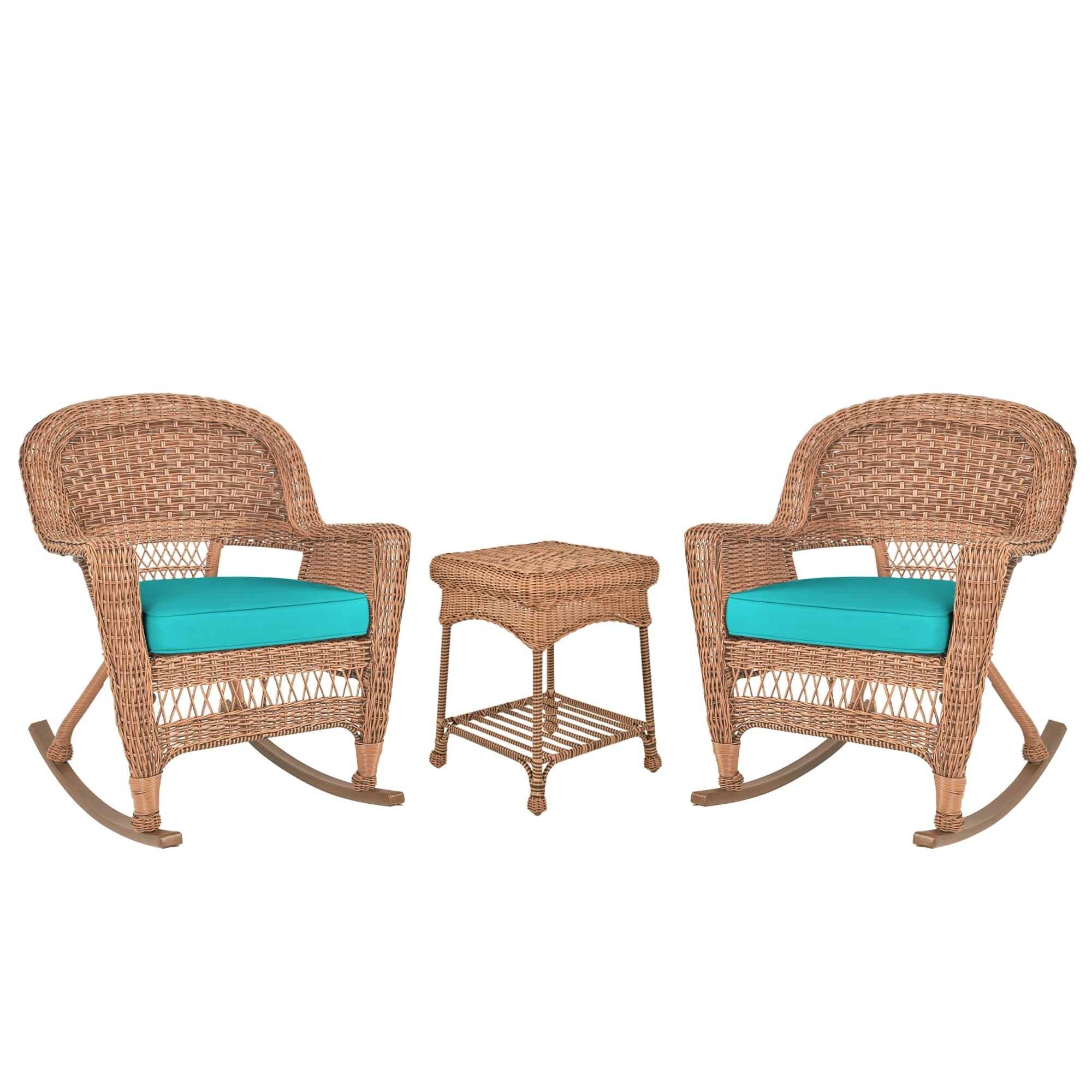 3pc Honey Rocker Wicker Chair Set With Cushion
