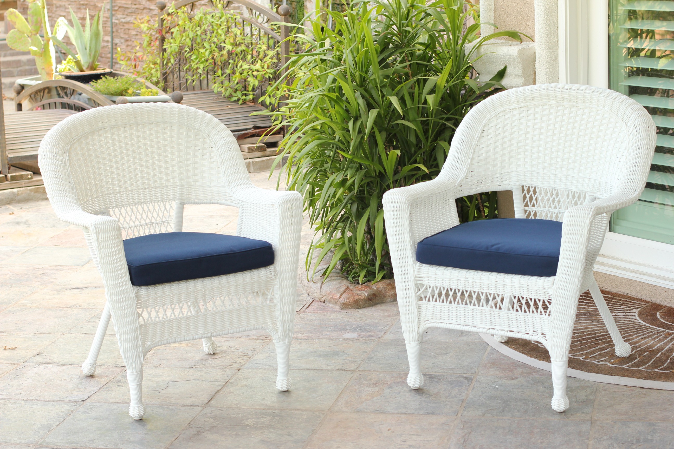 White Wicker Chair With Midnight Blue Cushion - Set of 4