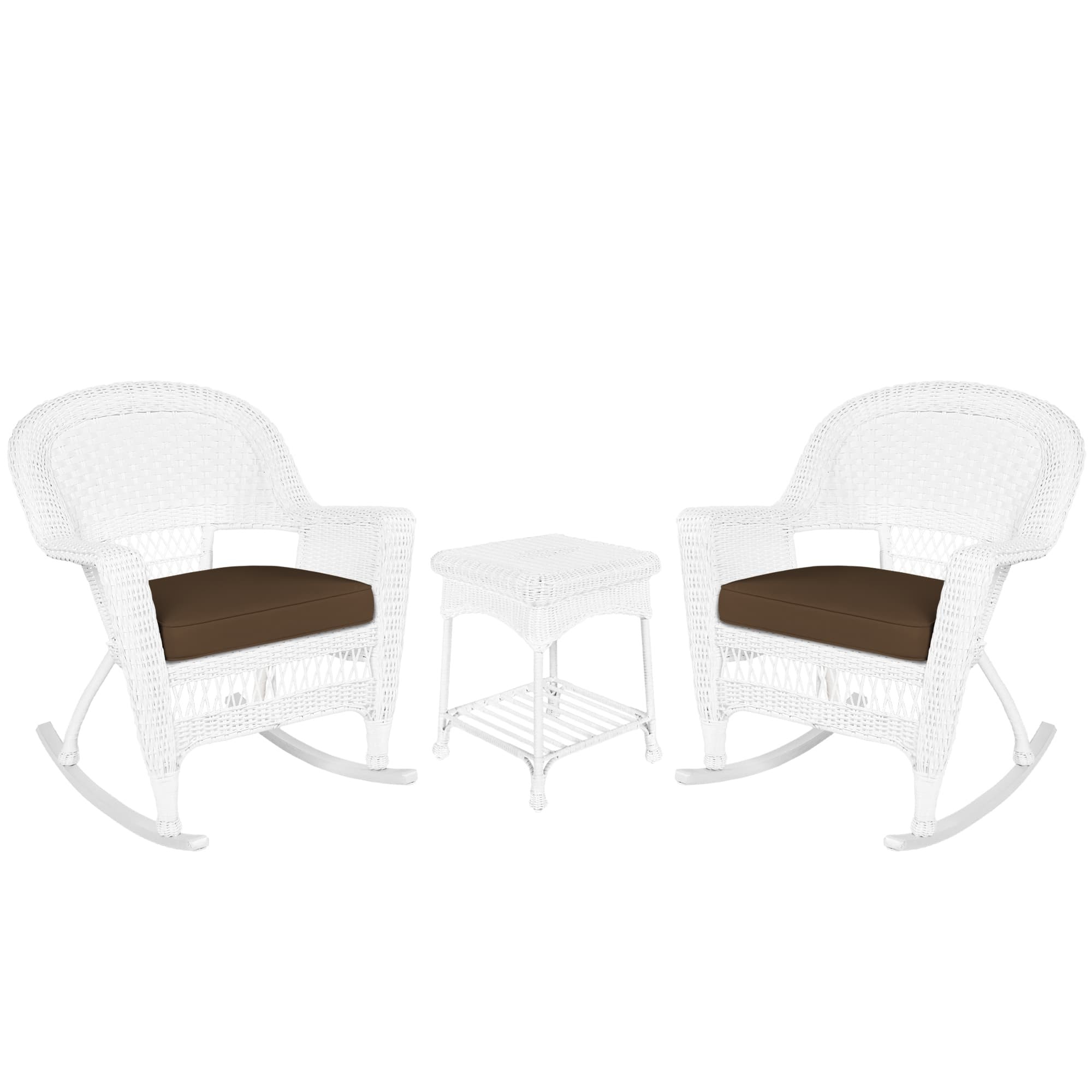 3pc White Rocker Wicker Chair Set With Cushion
