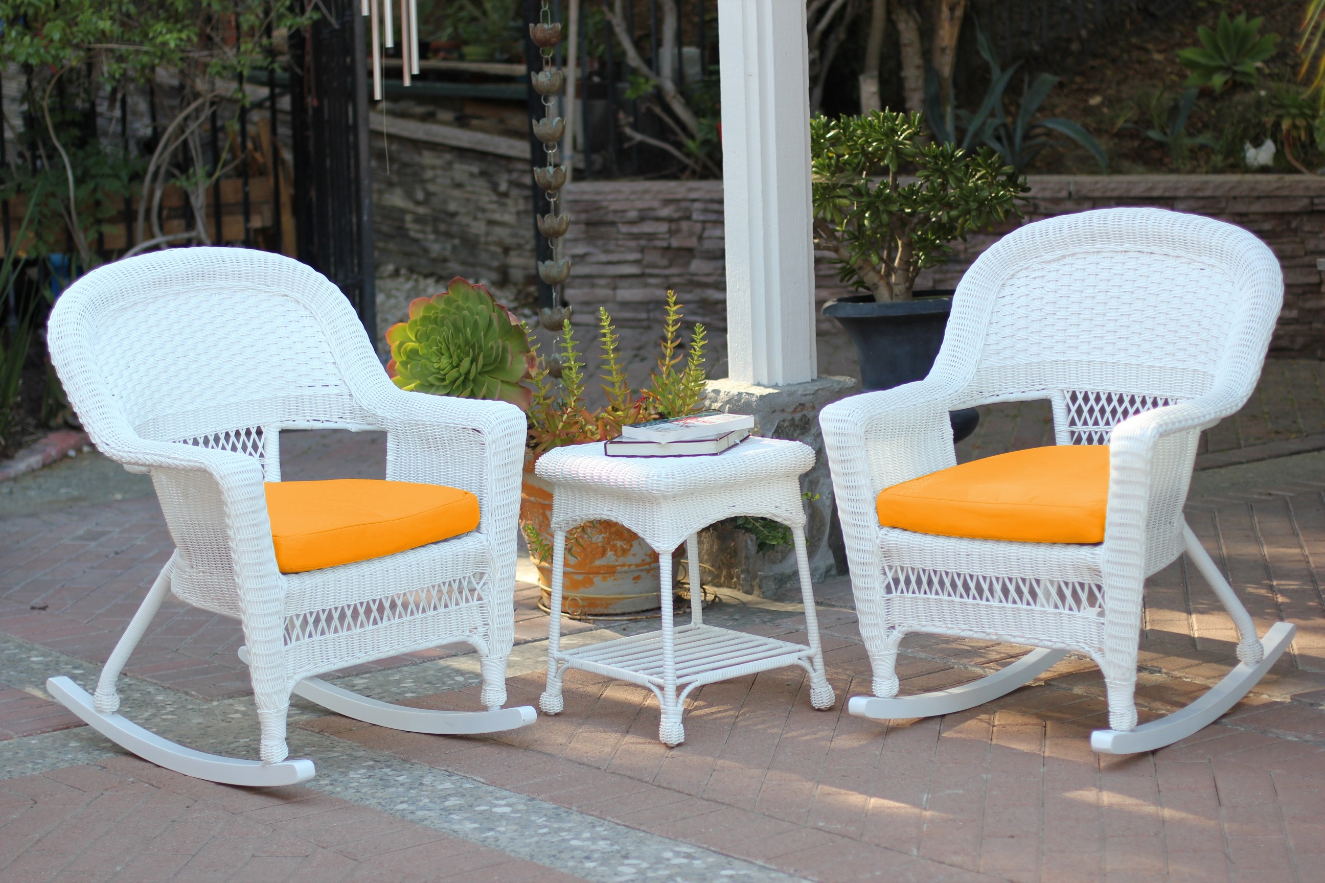 3pc White Rocker Wicker Chair Set With Cushion | Jeco Wholesale