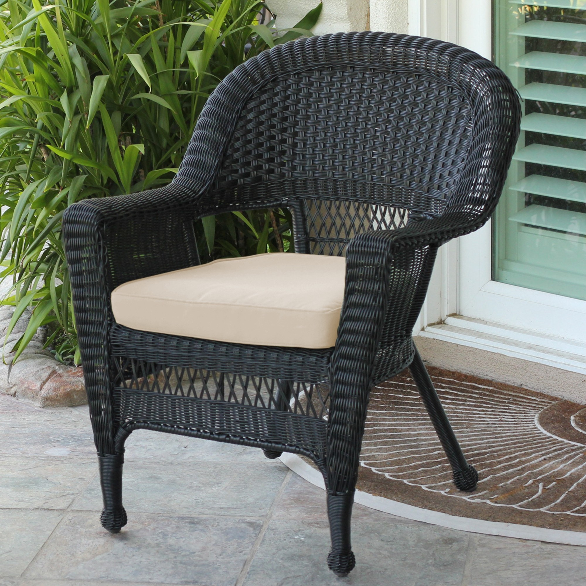 Black Wicker Chair With Tan  Cushion