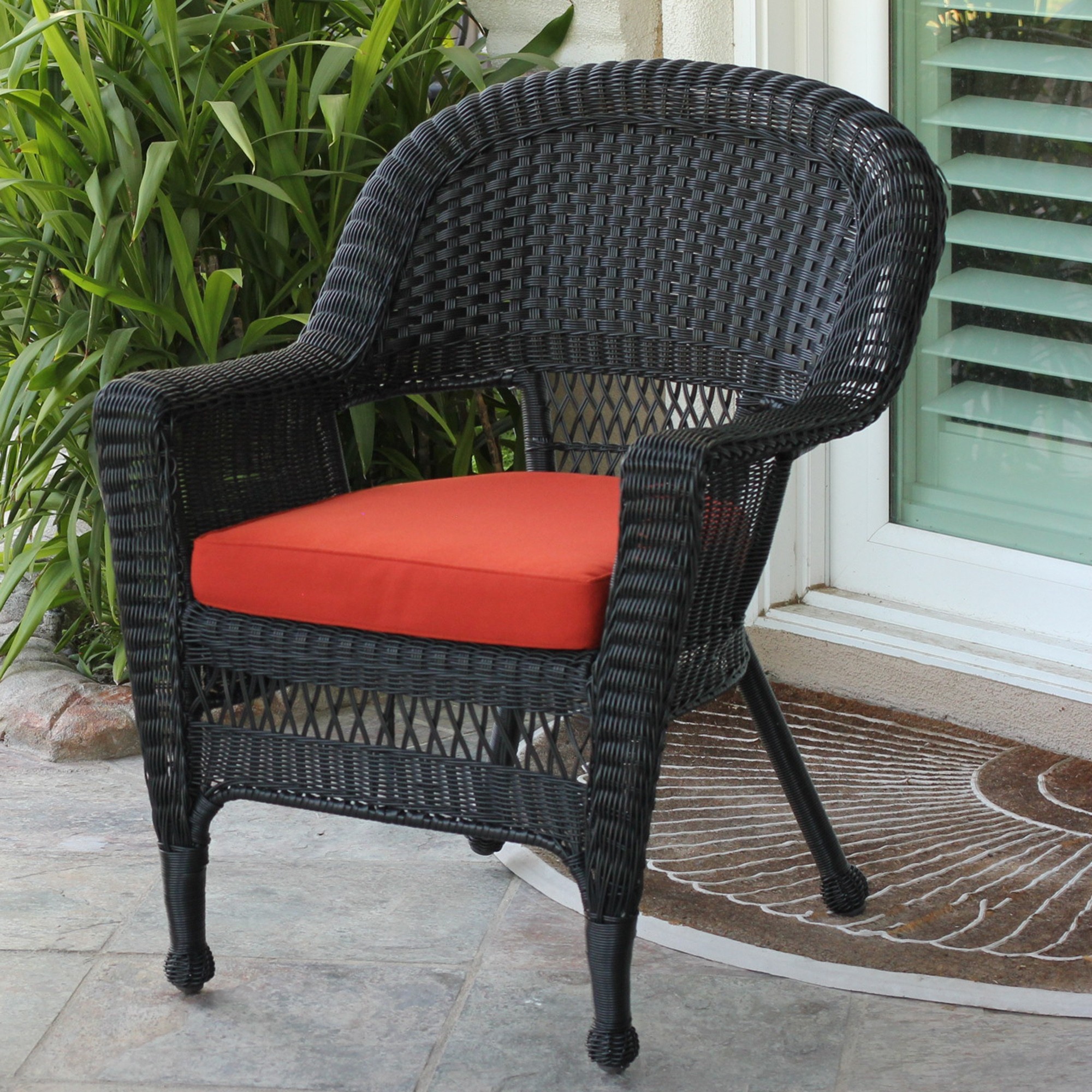 Black Wicker Chair With Brick Red Cushion