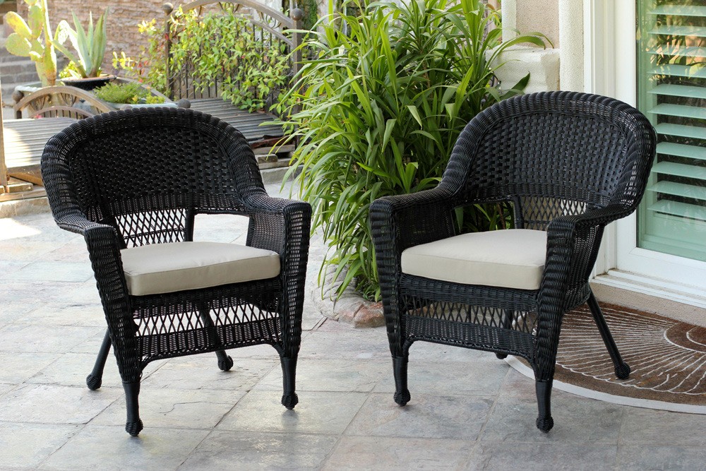 Black Wicker Chair With Tan  Cushion - Set of 4