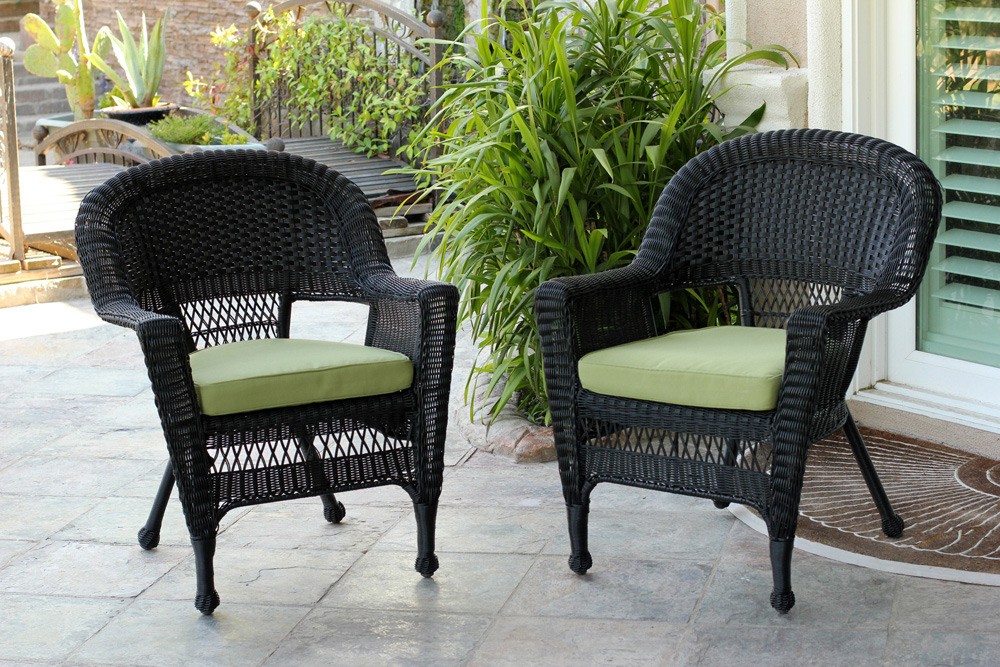 Black Wicker Chair With Sage Green Cushion - Set of 2