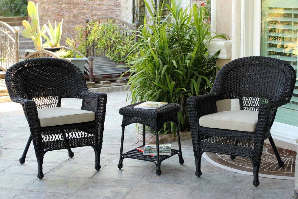Black Wicker Chair And End Table Set With Tan Cushion