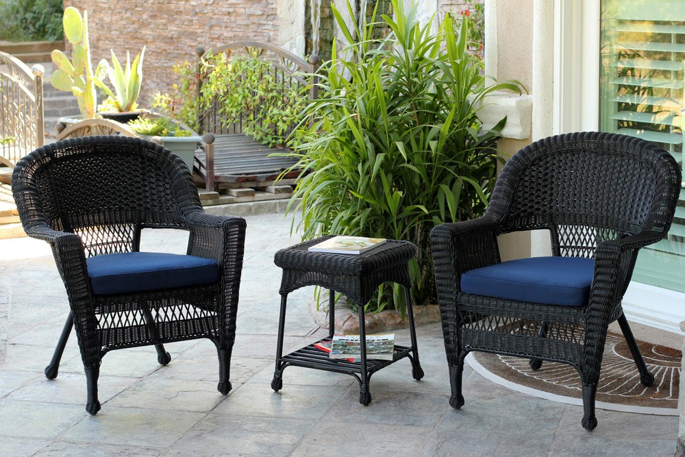 Black Wicker Chair And End Table Set With Midnight Blue Cushion