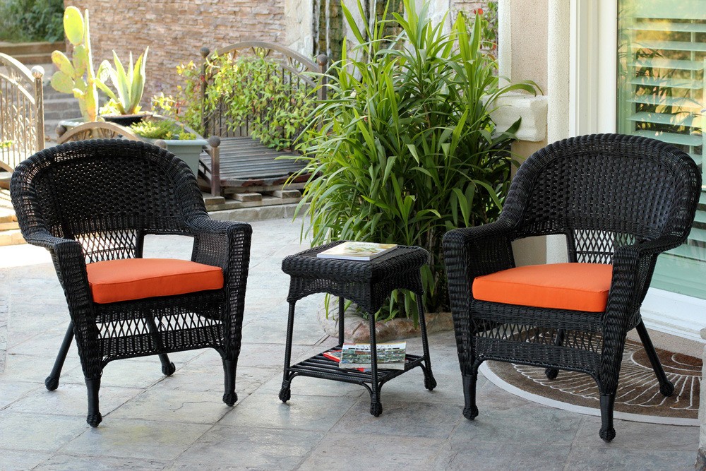 Black Wicker Chair And End Table Set With Orange Cushion