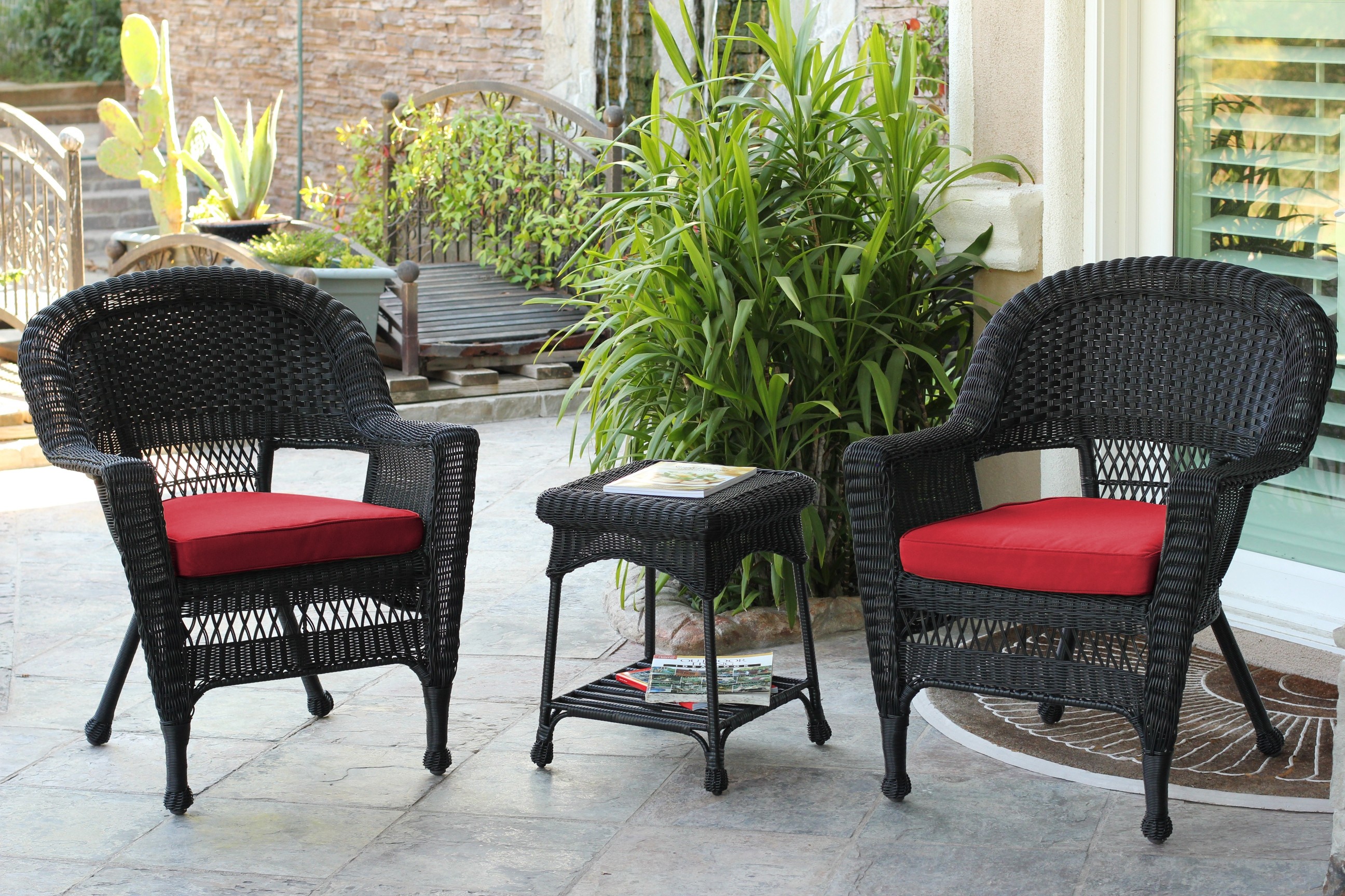 Black Wicker Chair And End Table Set With Brick Red Cushion