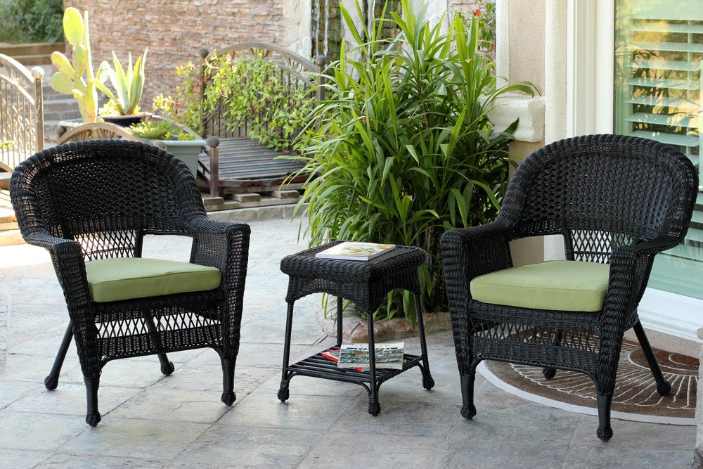 Black Wicker Chair And End Table Set With Sage Green Cushion