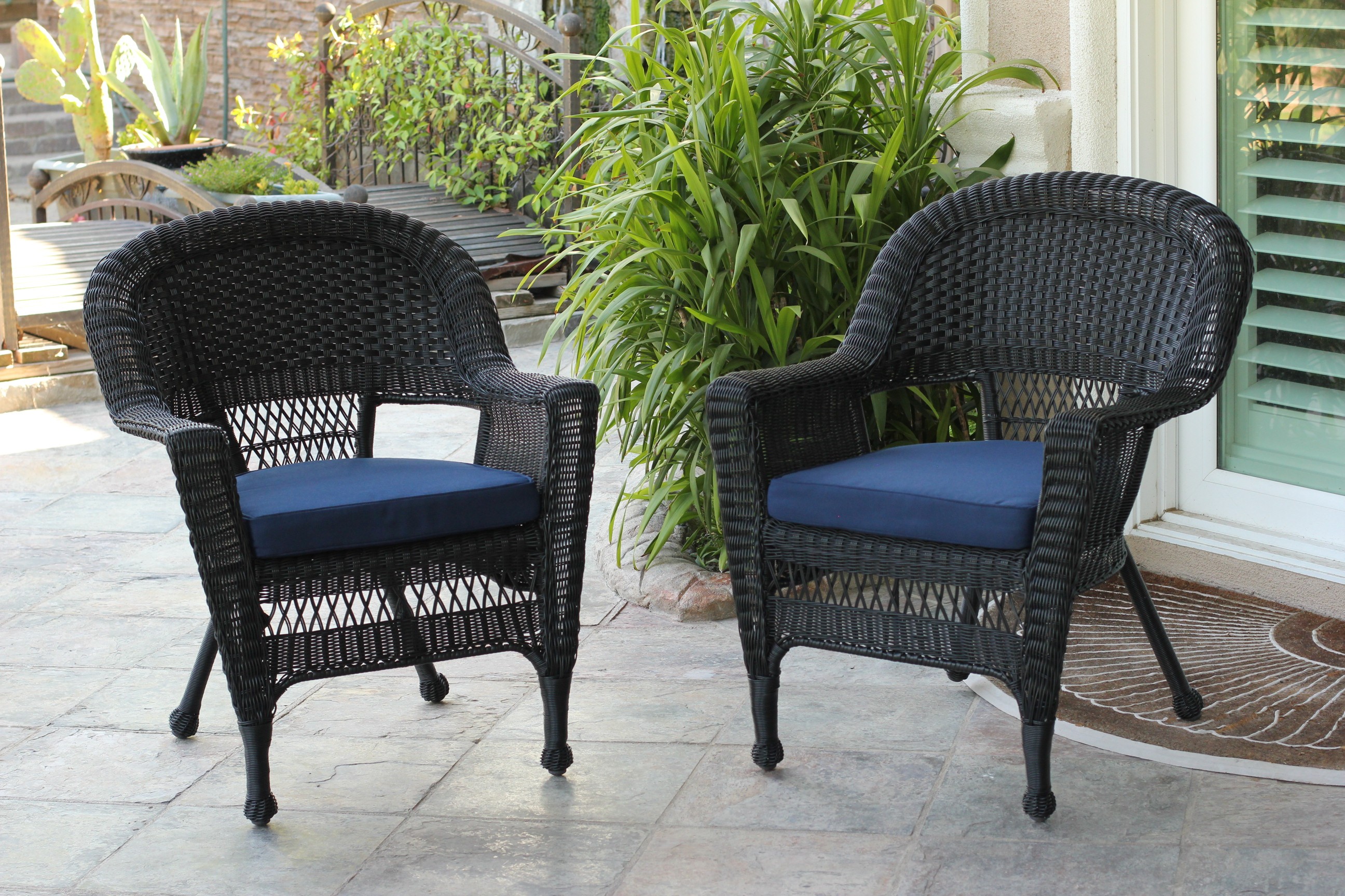 Black Wicker Chair With Midnight Blue Cushion - Set of 4