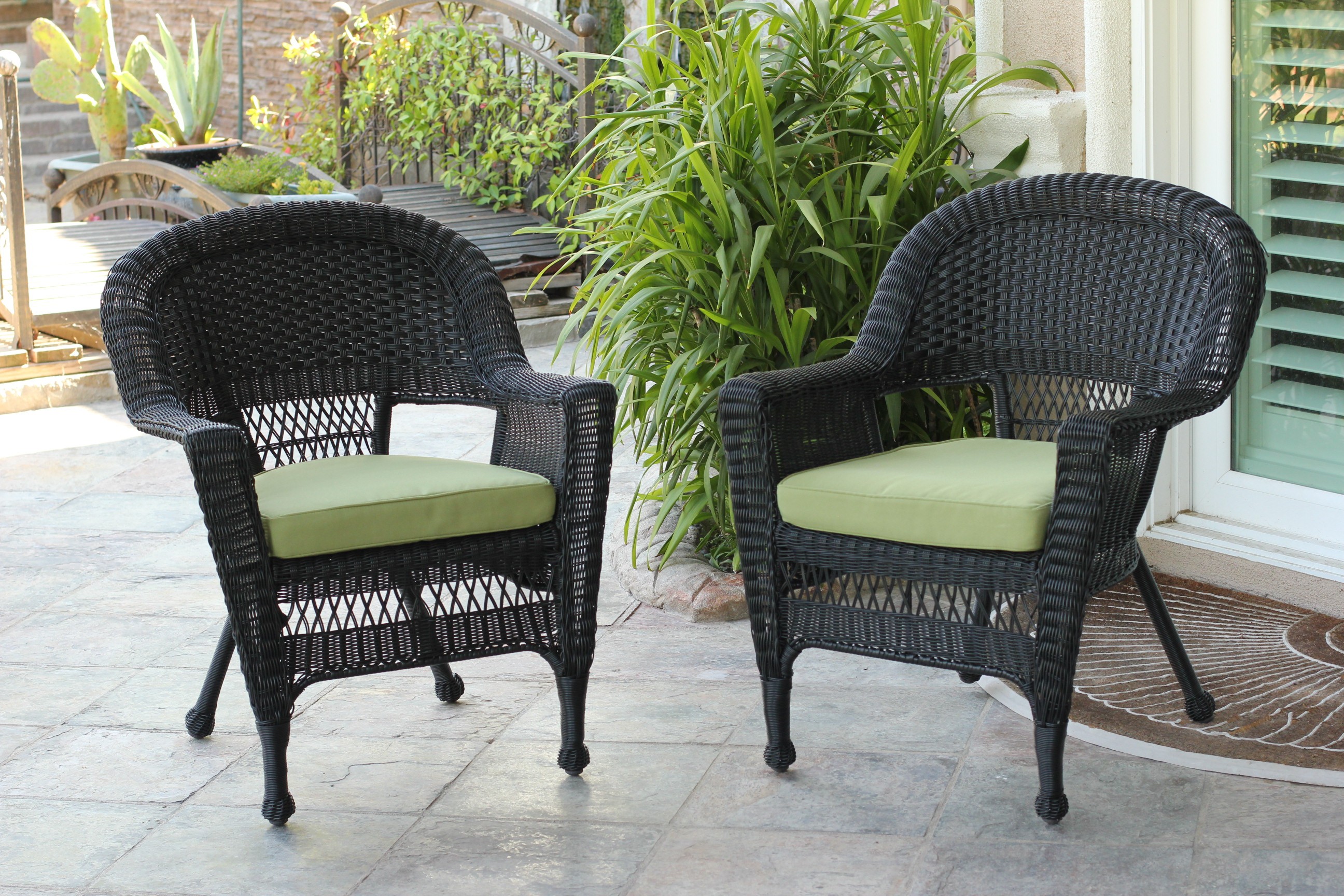 Black Wicker Chair With Sage Green Cushion - Set of 4