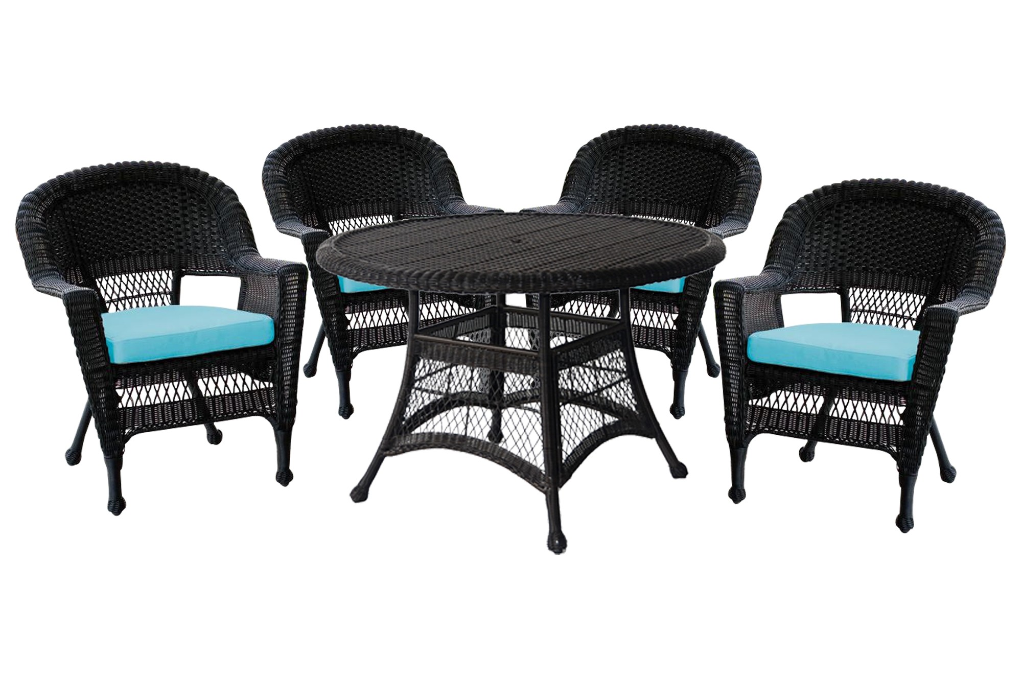 5pc Black Wicker Dining Set - Sky Blue Cushions
