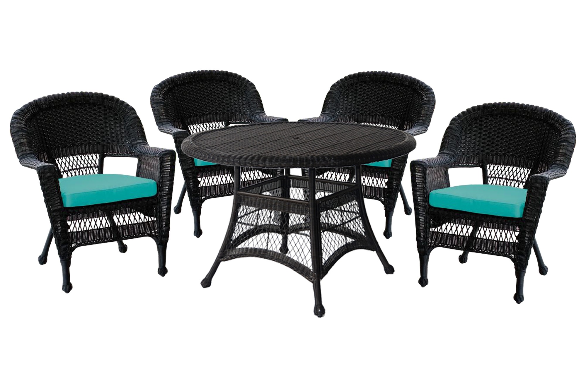 5pc Black Wicker Dining Set - Turquoise Cushions
