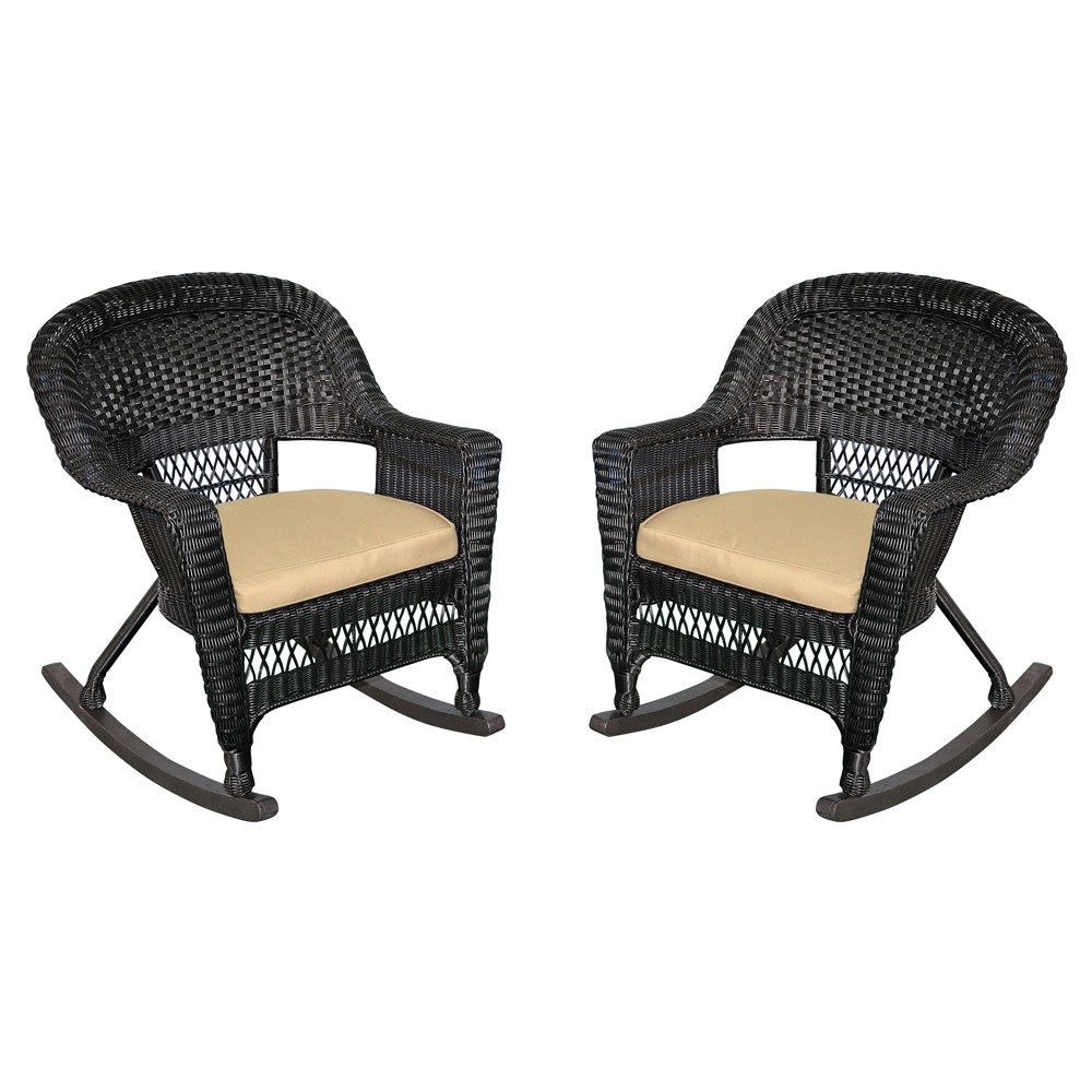 Black Rocker Wicker Chair with Tan Cushion -  Set of 2