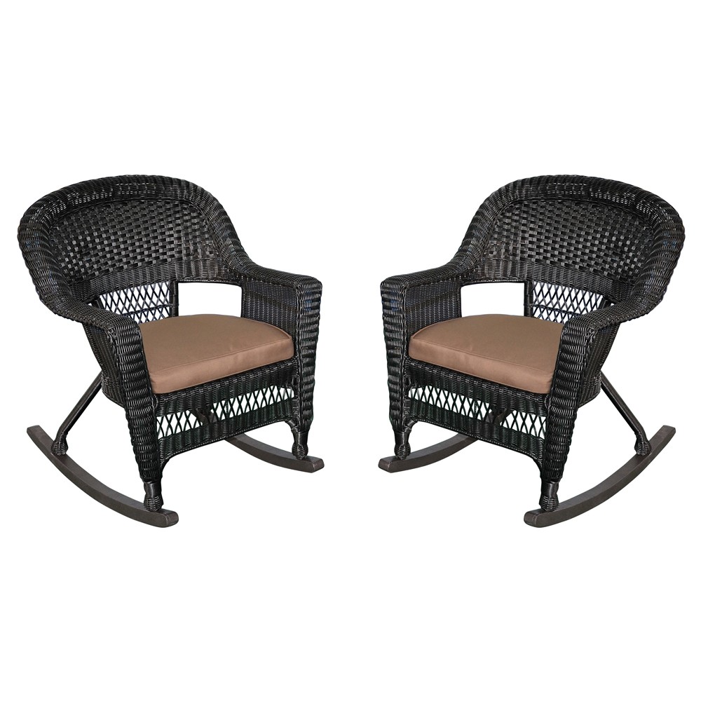 Black Rocker Wicker Chair with Brown  Cushion -  Set of 2